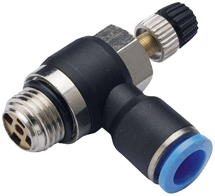 'Électrovanne pneumatique avec raccord fileté et joint bleu pour la régulation du flux d'air dans les systèmes pneumatiques.'