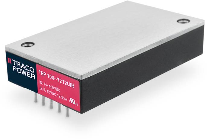 Module électronique rectangulaire avec boîtier métallique et connecteurs enfichables. Le label 'TRACO POWER TEP 100-7212UIR' est apposé sur le côté.