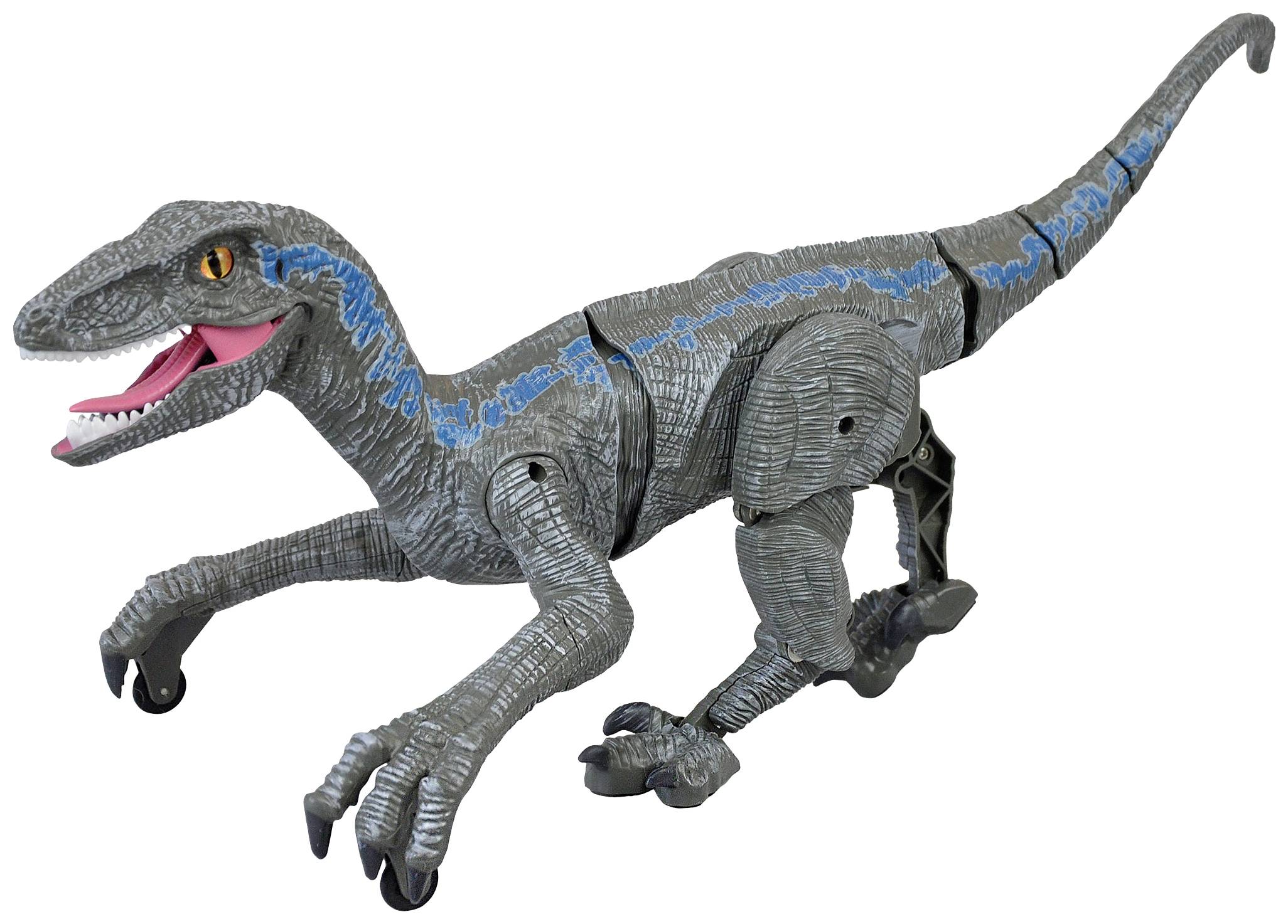 Un jouet de dinosaure gris avec des rayures bleues, posé sur des roues. Il a une gueule ouverte laissant apparaître des dents.