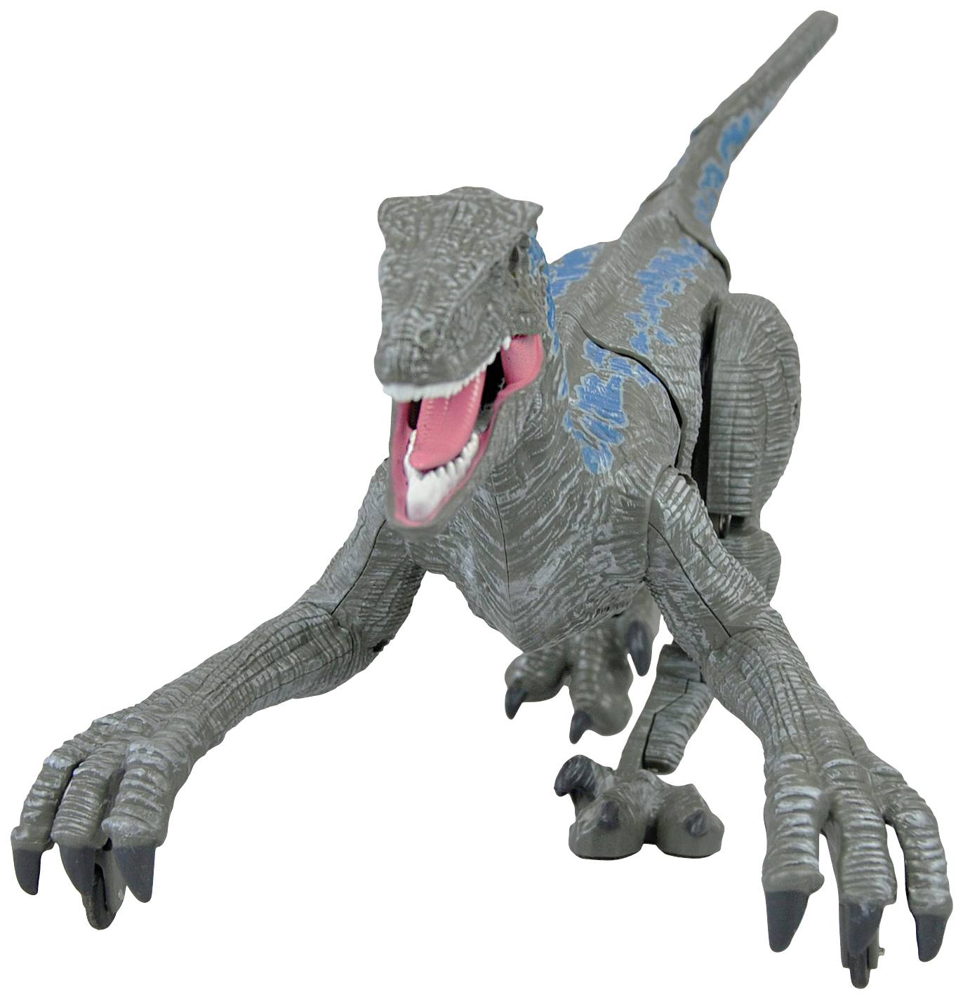 Jouet de dinosaure gris avec des rayures bleues et une gueule ouverte, debout sur ses quatre pattes.