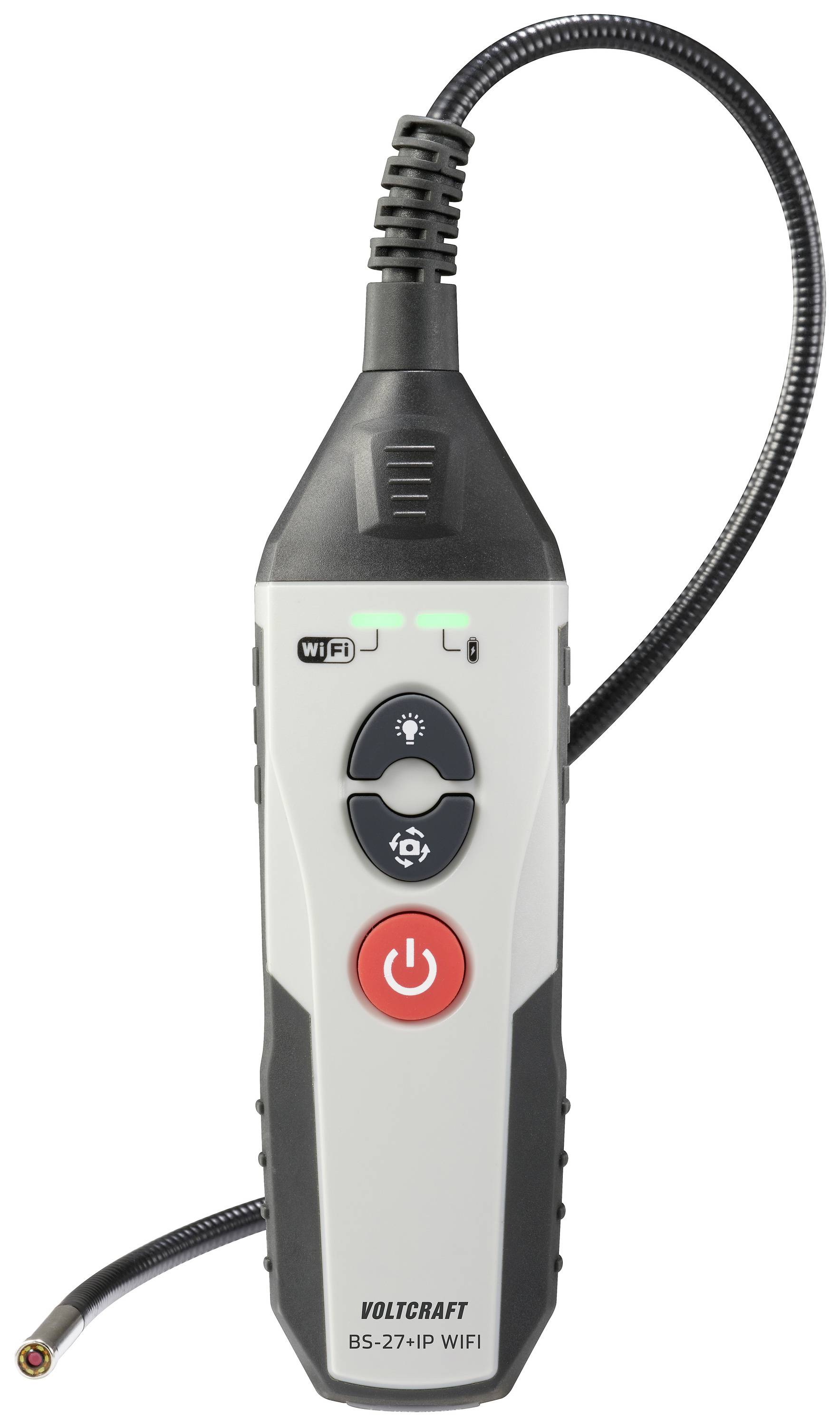 Un endoscope portable avec fonction WiFi, à poignée noire et boîtier gris. Une sonde flexible est située en haut de l'appareil.