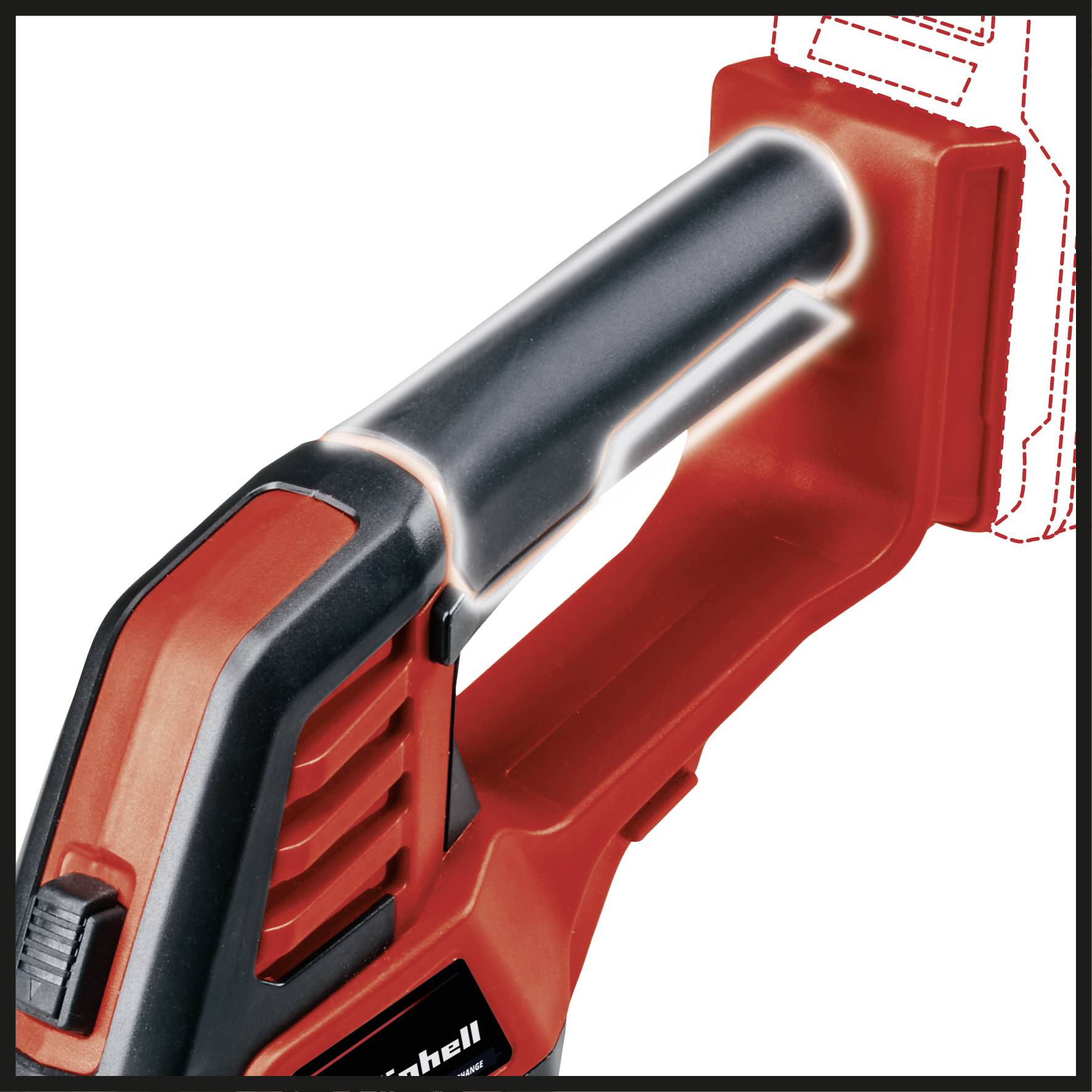 Un outil manuel rouge avec une poignée ergonomique et un point d'insertion prédéfini, montrant l'emplacement de la batterie. Le nom de la marque est visible sur le côté.