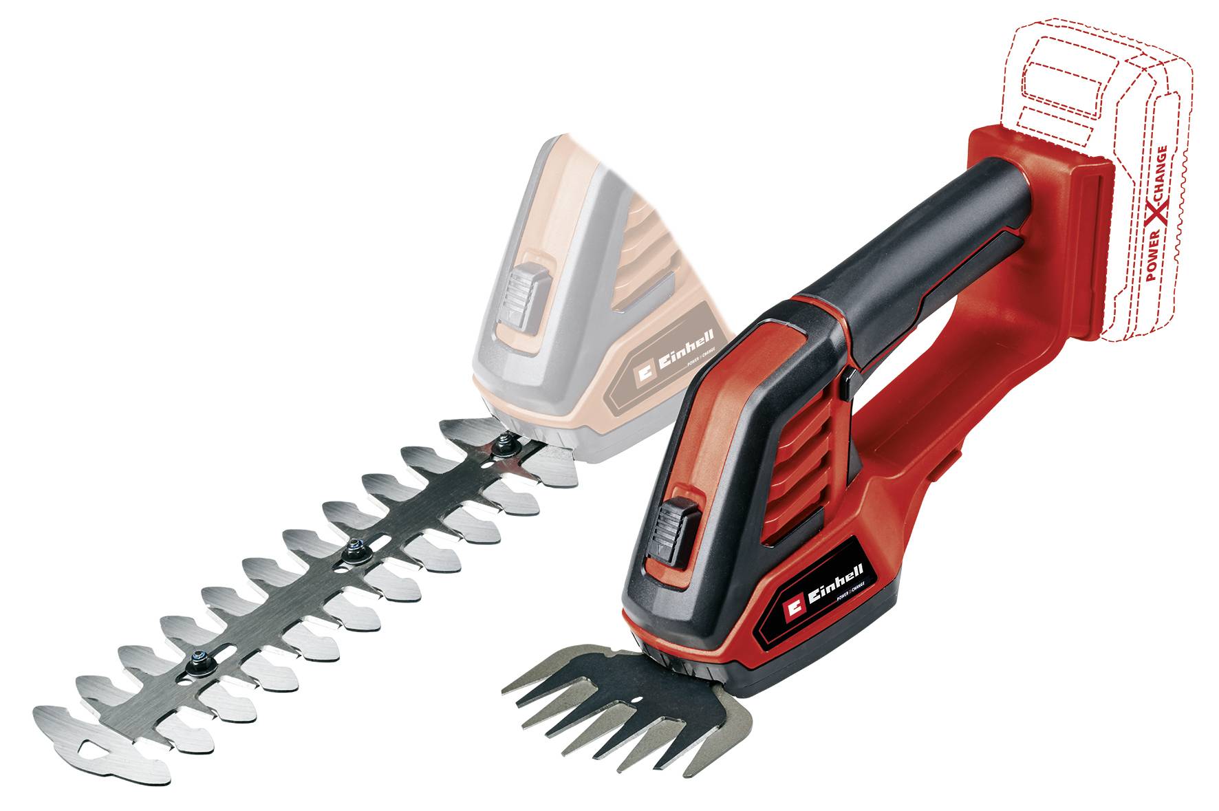 Une taille-haies et coupe-herbe rechargeable rouge et noire avec deux lames différentes. Elle est compacte et maniable pour les travaux de jardinage.