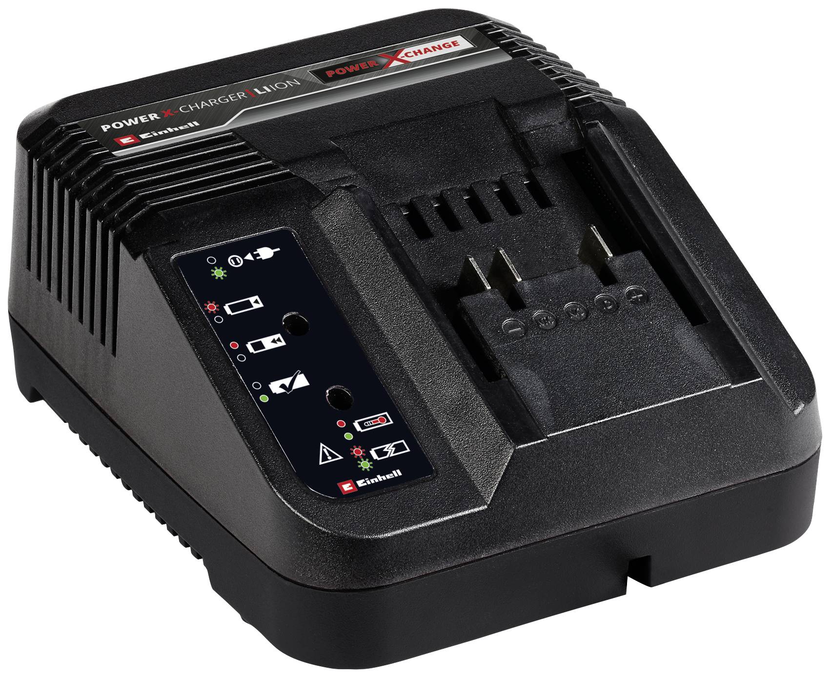Chargeur noir pour batteries lithium-ion avec indicateurs LED. Nom de marque 'Power X-Change' visible. Design plat et compact.