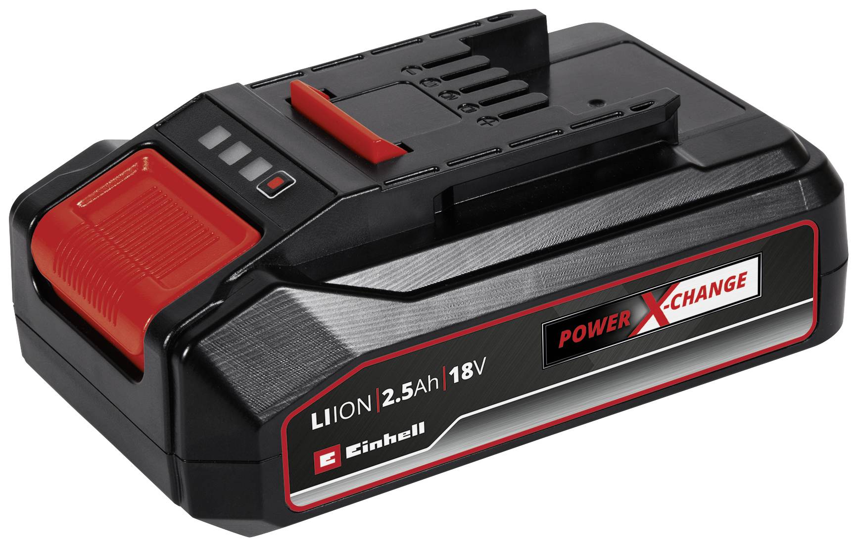 Une batterie lithium-ion noire avec un détail rouge, 18V, 2,5 Ah, d'Einhell. Le modèle 'Power X-Change' est visible sur le côté.