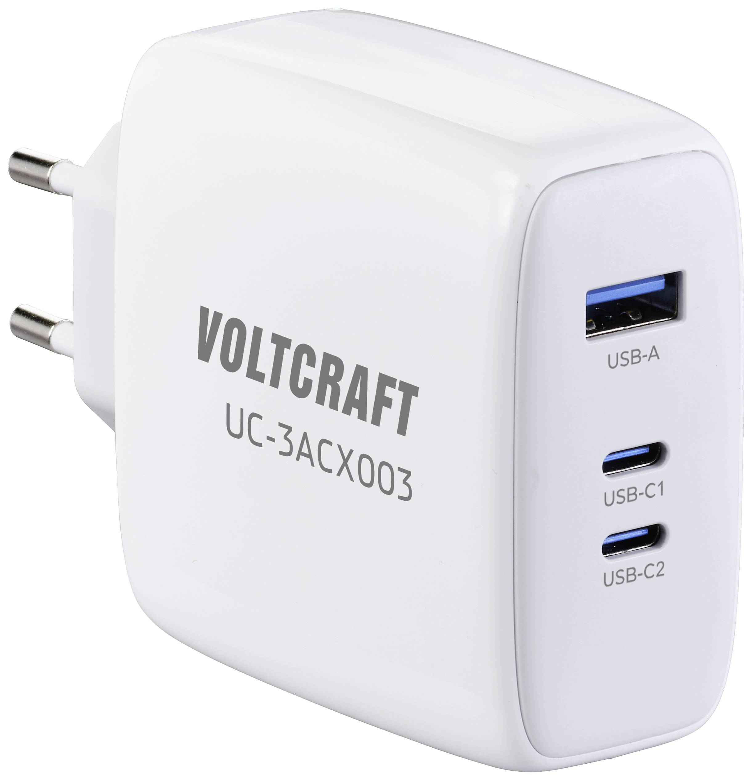 Chargeur blanc avec plusieurs ports USB : un port USB-A et deux ports USB-C, portant l'inscription 'VOLTCRAFT UC-3ACX003'.