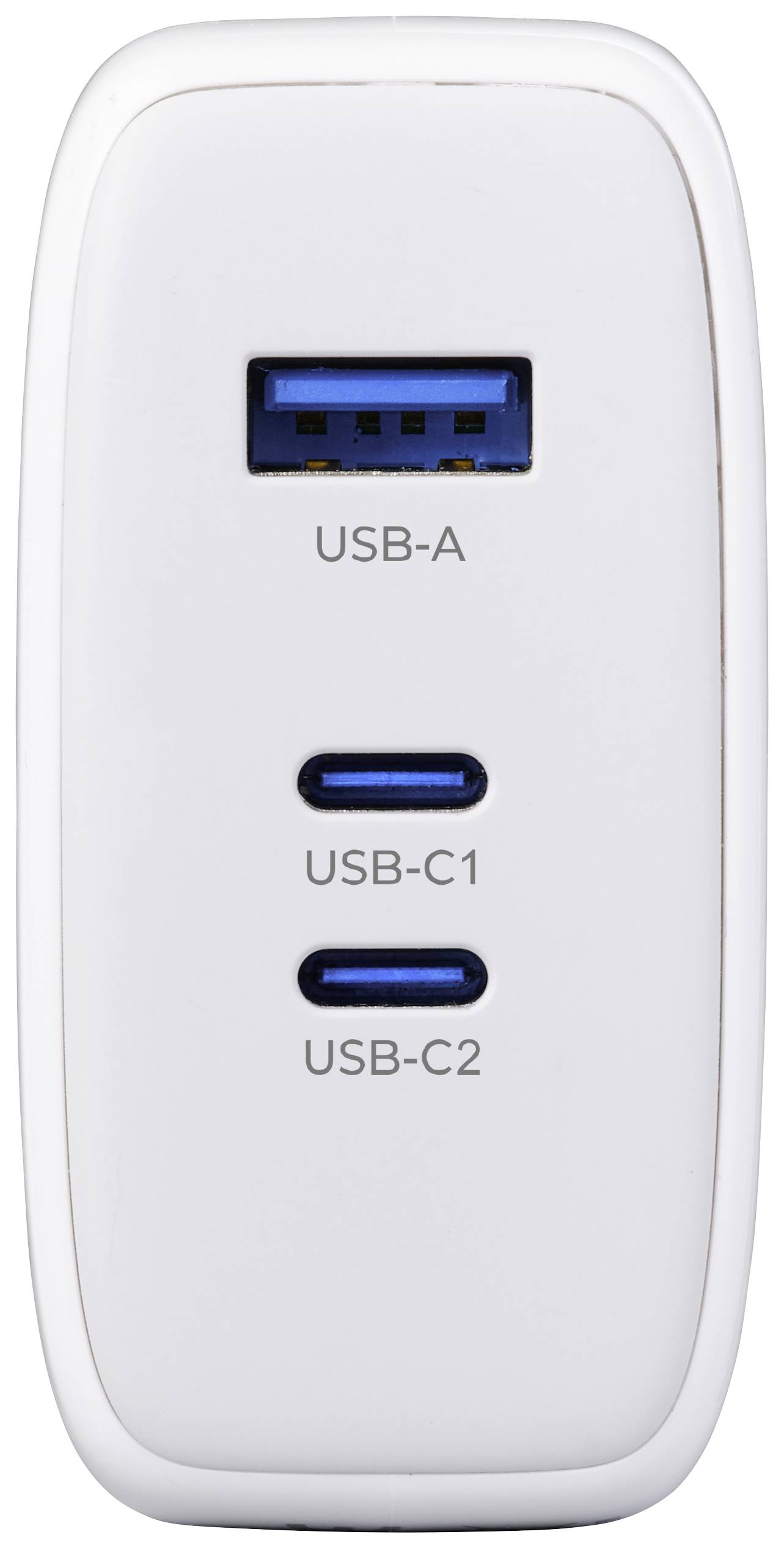 Un chargeur blanc doté d'un port USB-A et de deux ports USB-C, identifiés respectivement 'USB-A', 'USB-C1' et 'USB-C2'.