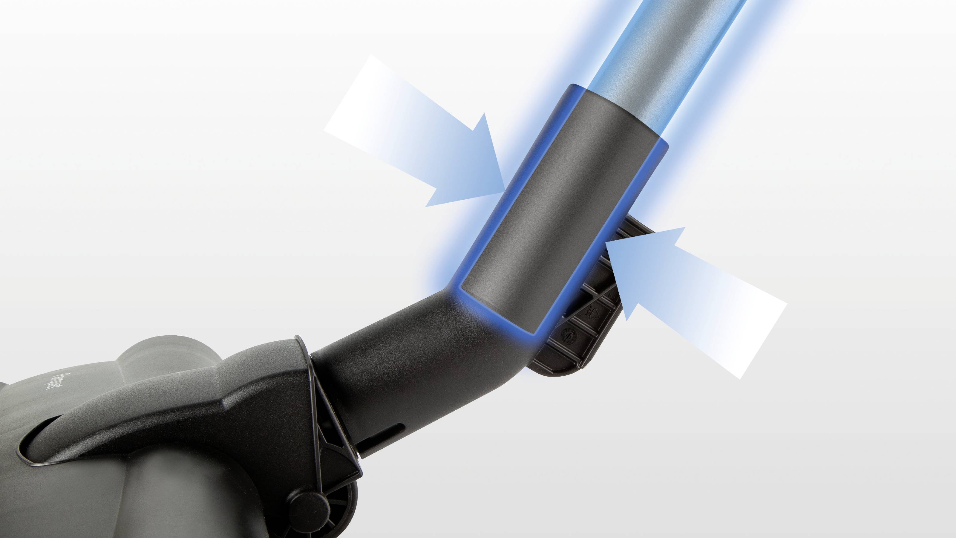 Gros plan sur un tuyau d'aspirateur avec un anneau lumineux bleu qui met en valeur la jonction entre le tube et la buse.