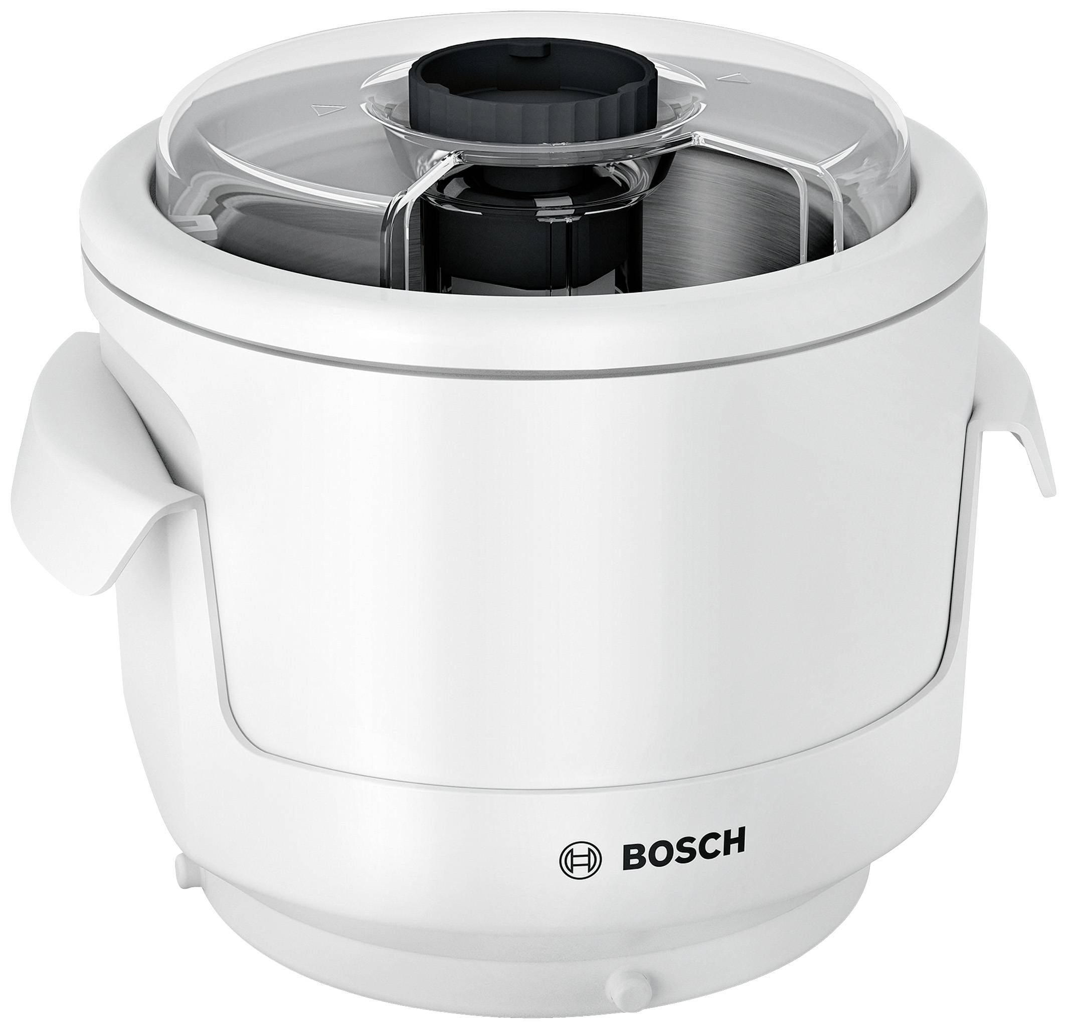 Un robot de cuisine Bosch blanc avec un couvercle transparent. Adapté pour hacher des ingrédients dans les cuisines domestiques.