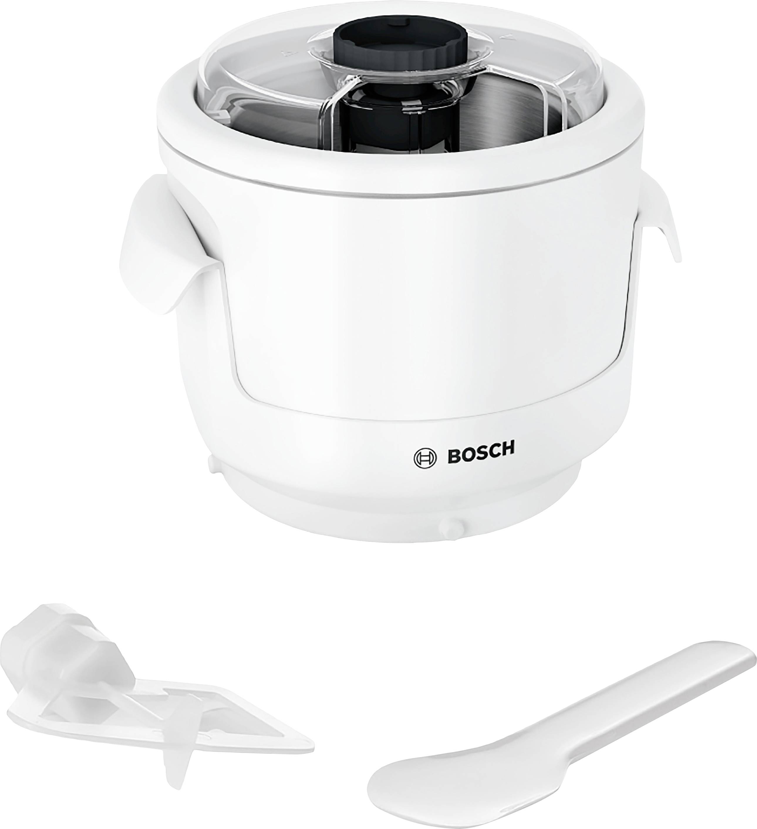 Machine à glace blanche de Bosch. Au-dessus, un récipient avec un couvercle noir. En bas, une cuillère blanche et un grattoir à glace.