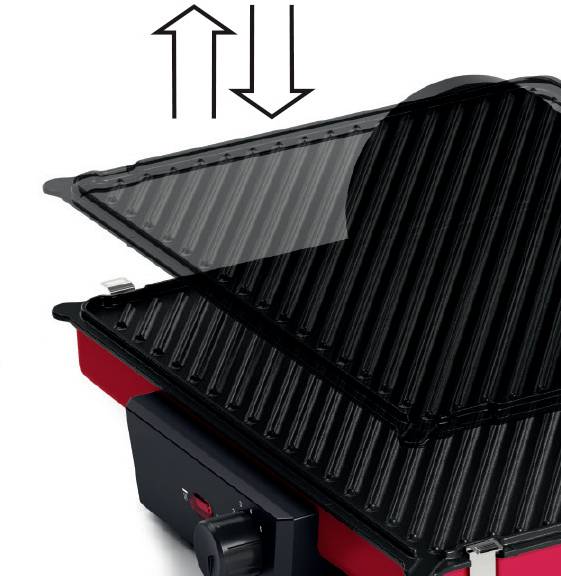 Un grill électrique à couvercle ouvert, adapté pour griller des aliments chauffés des deux côtés. Des flèches indiquent le sens d'ouverture.
