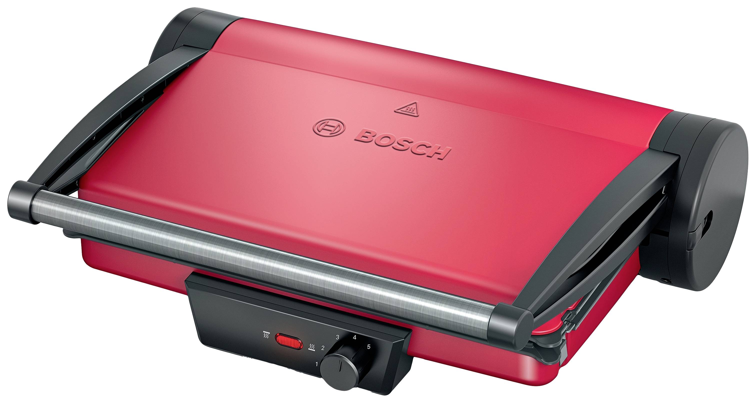 Un grill de contact rouge avec une poignée en métal et un bouton rotatif. Le logo Bosch est visible sur le couvercle.