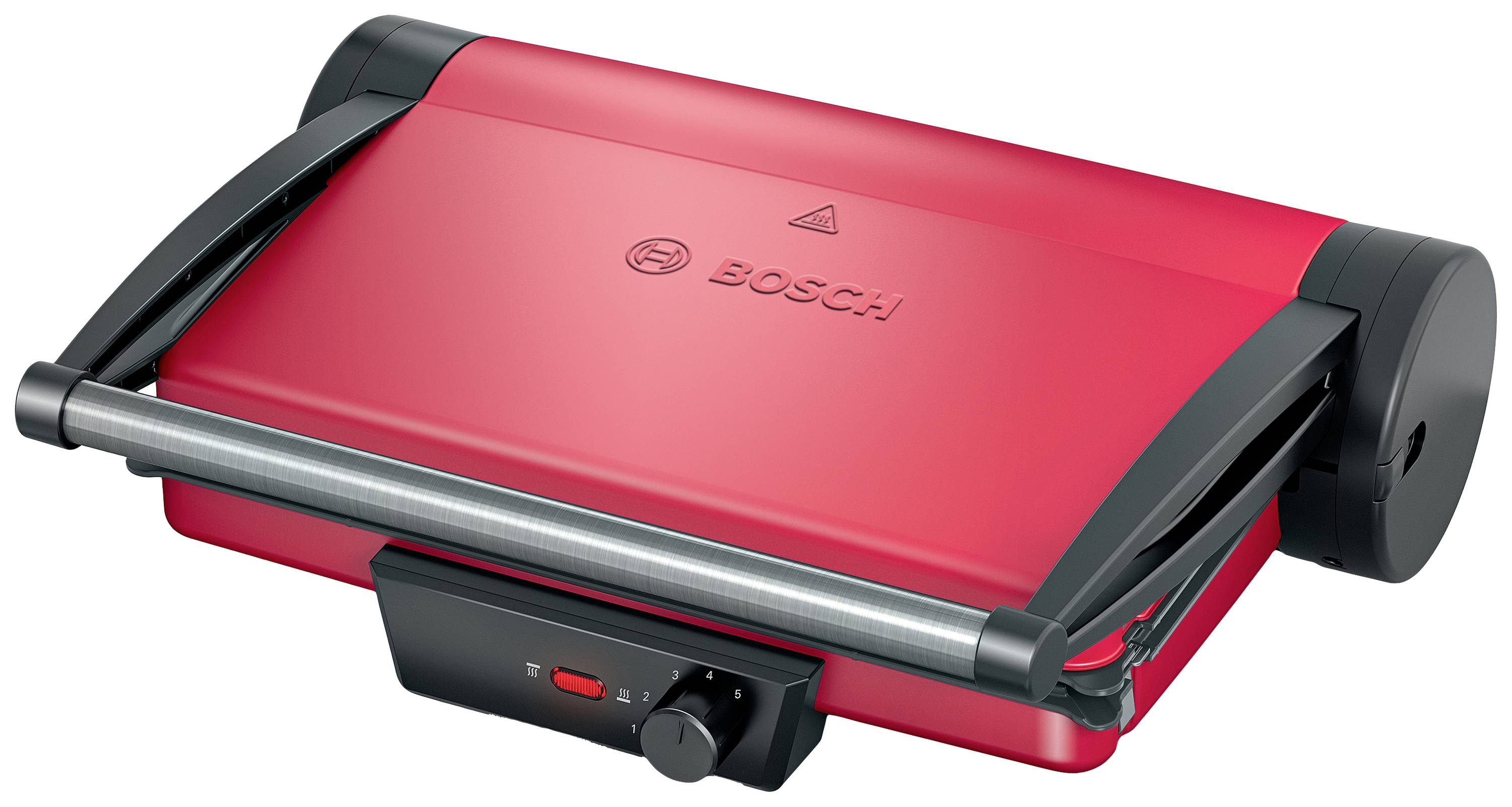 Un grill de contact rouge de la marque Bosch avec une poignée et des commandes sur la face avant.