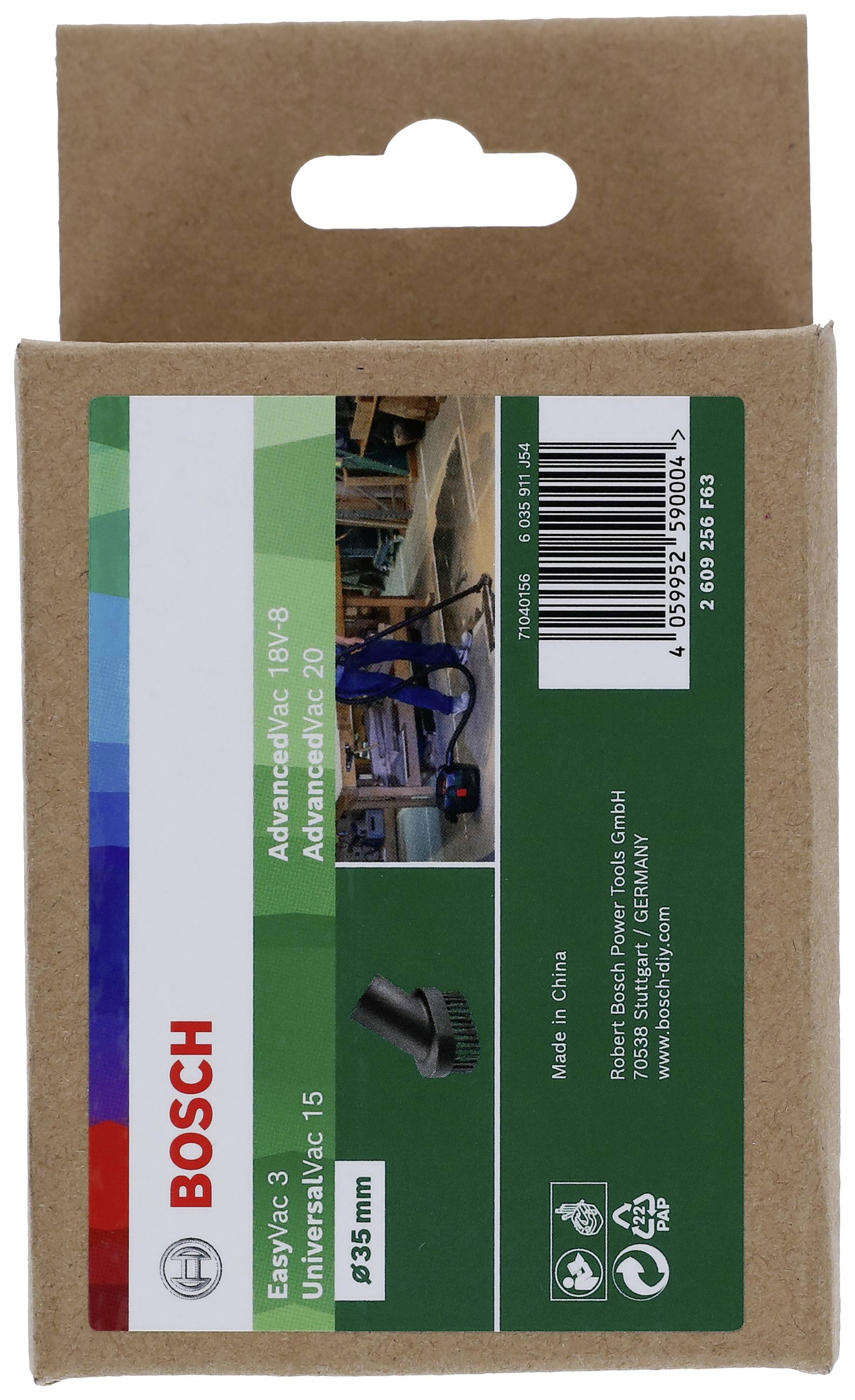 Emballage en carton d'une pièce de rechange Bosch avec informations sur le produit et logo de l'entreprise. Fabriqué en Chine, compatible avec Easyvac 3.