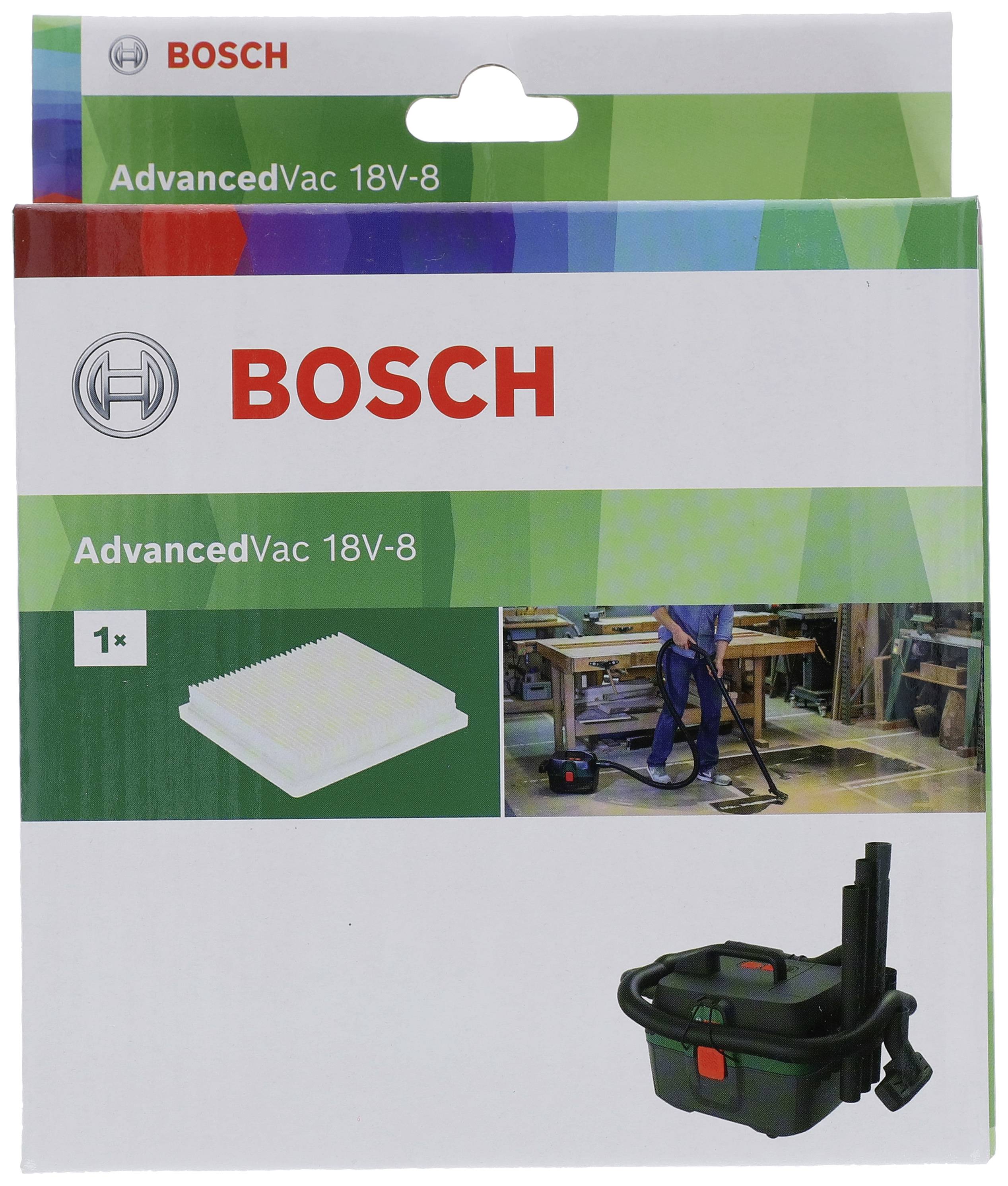 L'emballage présente le set d'accessoires Bosch AdvancedVac 18V-8, comprenant des filtres et des illustrations de l'aspirateur, conçu pour une utilisation en atelier.