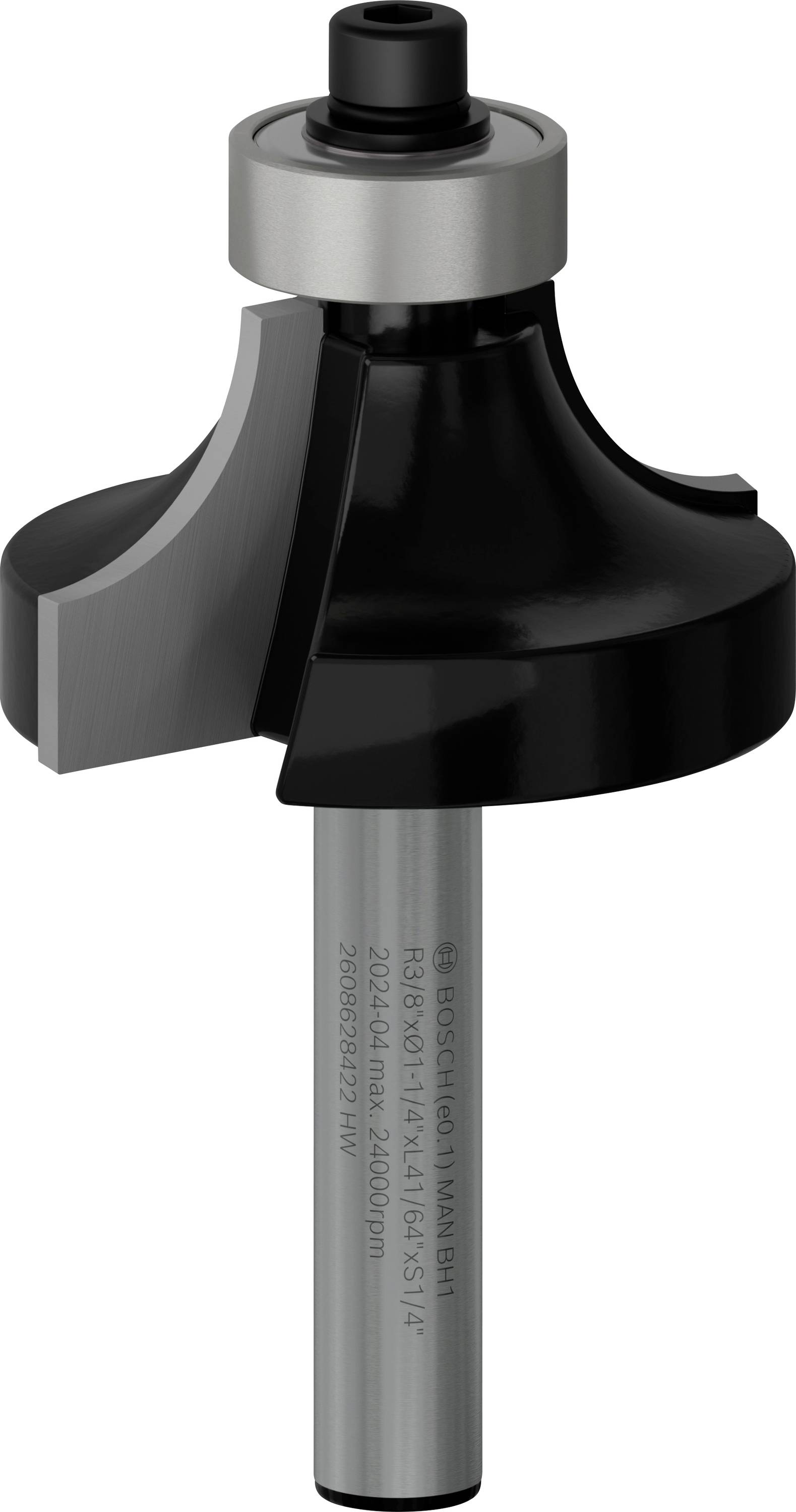 Une fraise à tête de coupe sphérique, adaptée aux travaux sur bois. La tige est cylindrique, avec un revêtement noir.