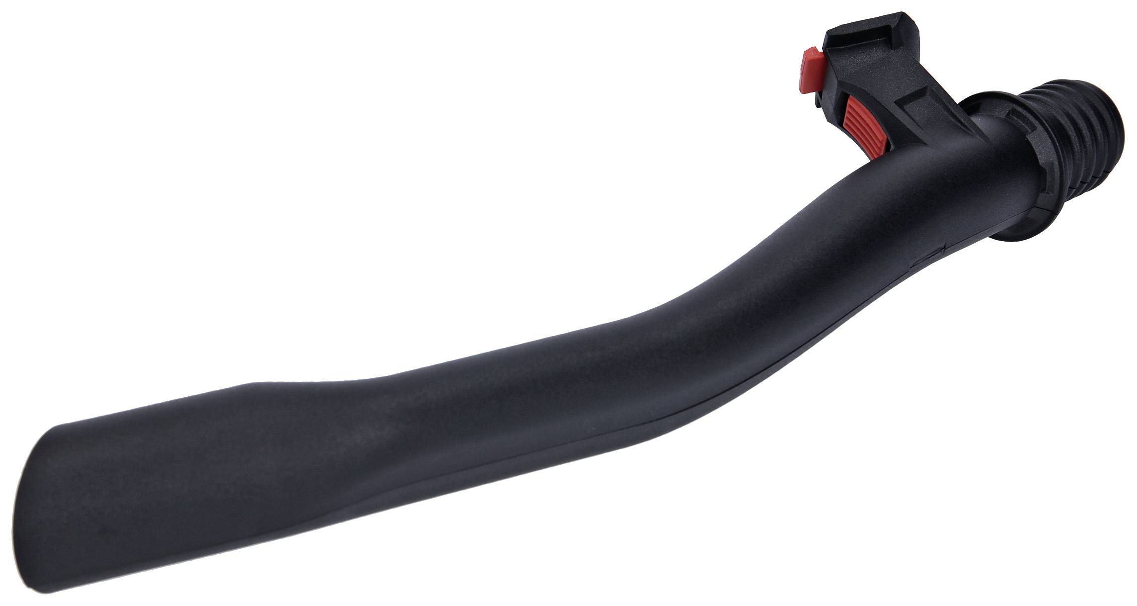 Tuyau en plastique noir avec valve rouge, courbé, adapté pour la direction des liquides ou de l'air.
