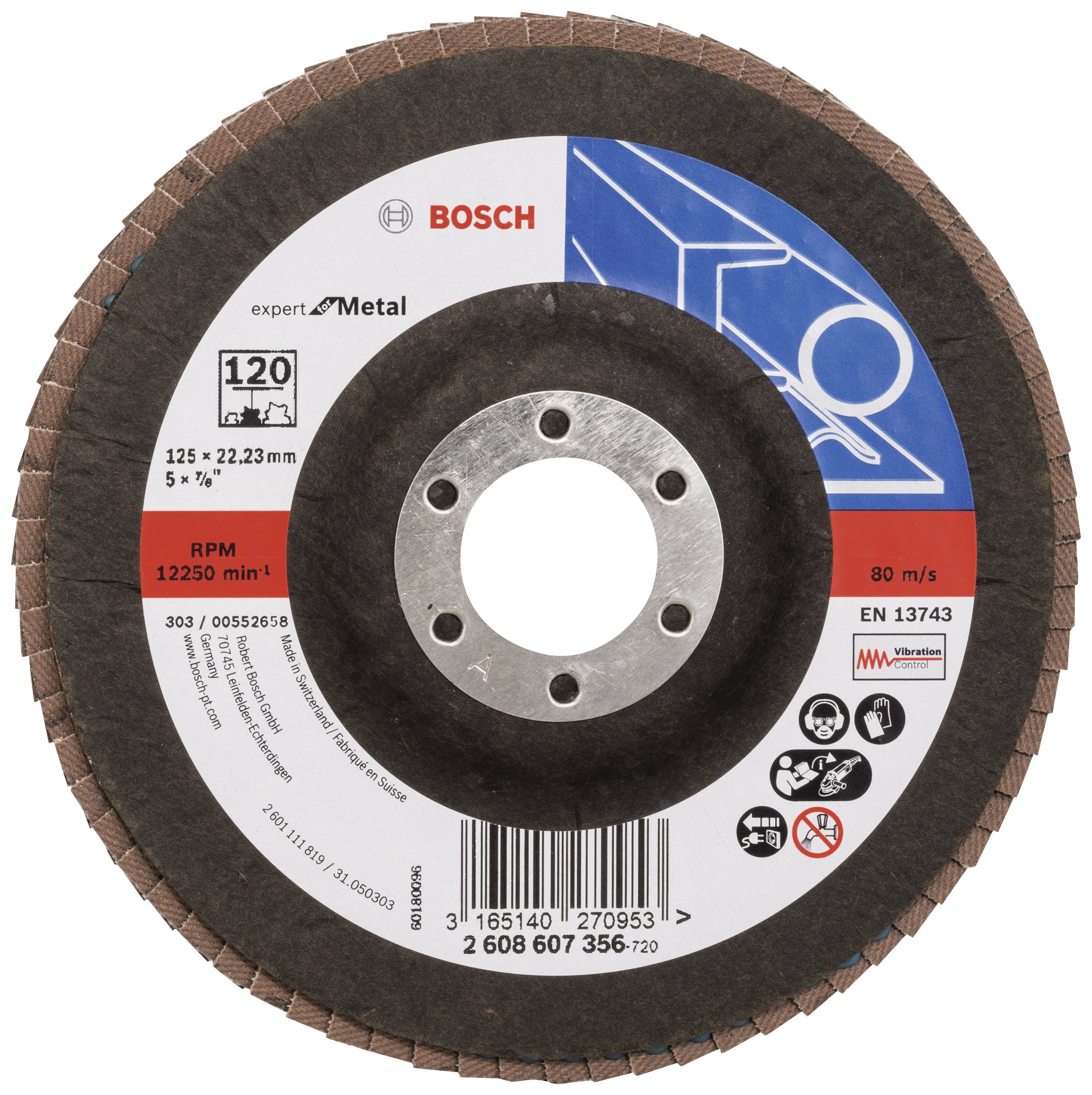 Disque à meuler Bosch pour métal, diamètre de 125 mm, grain 120, vitesse de rotation maximale de 12 250 tr/min, avec symboles d'applications.