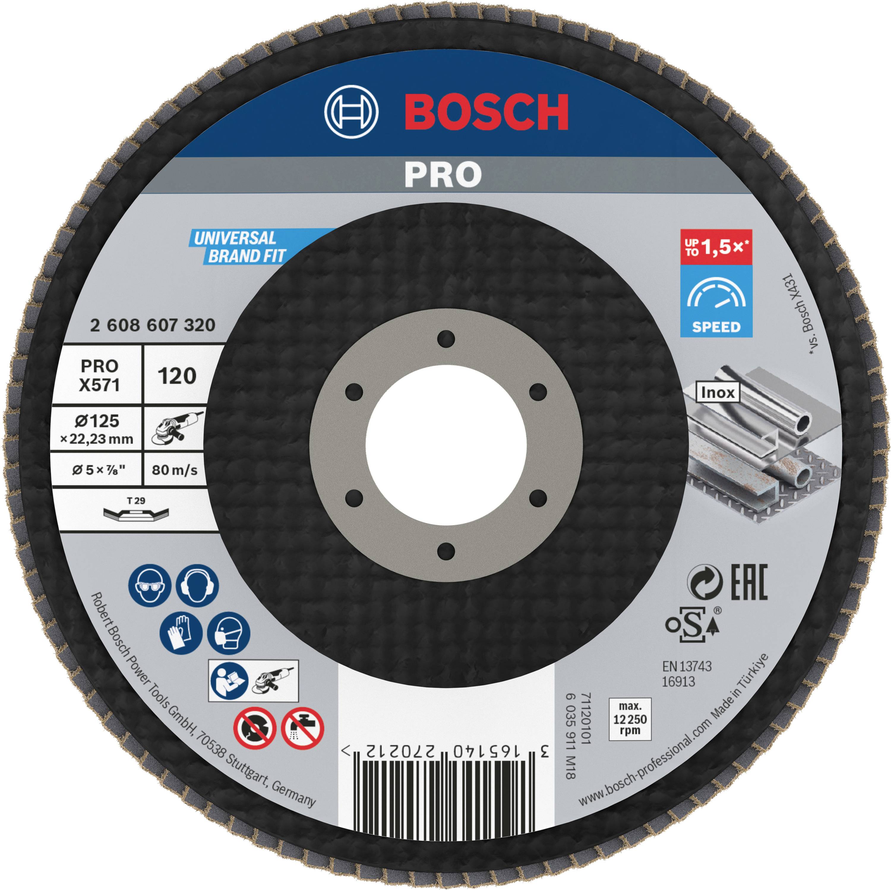 Disque à tronçonner Bosch PRO pour l'usinage des métaux. Diamètre 125 mm, vitesse max. 12 200 tr/min. Adapté à l'inox, compatible universel.