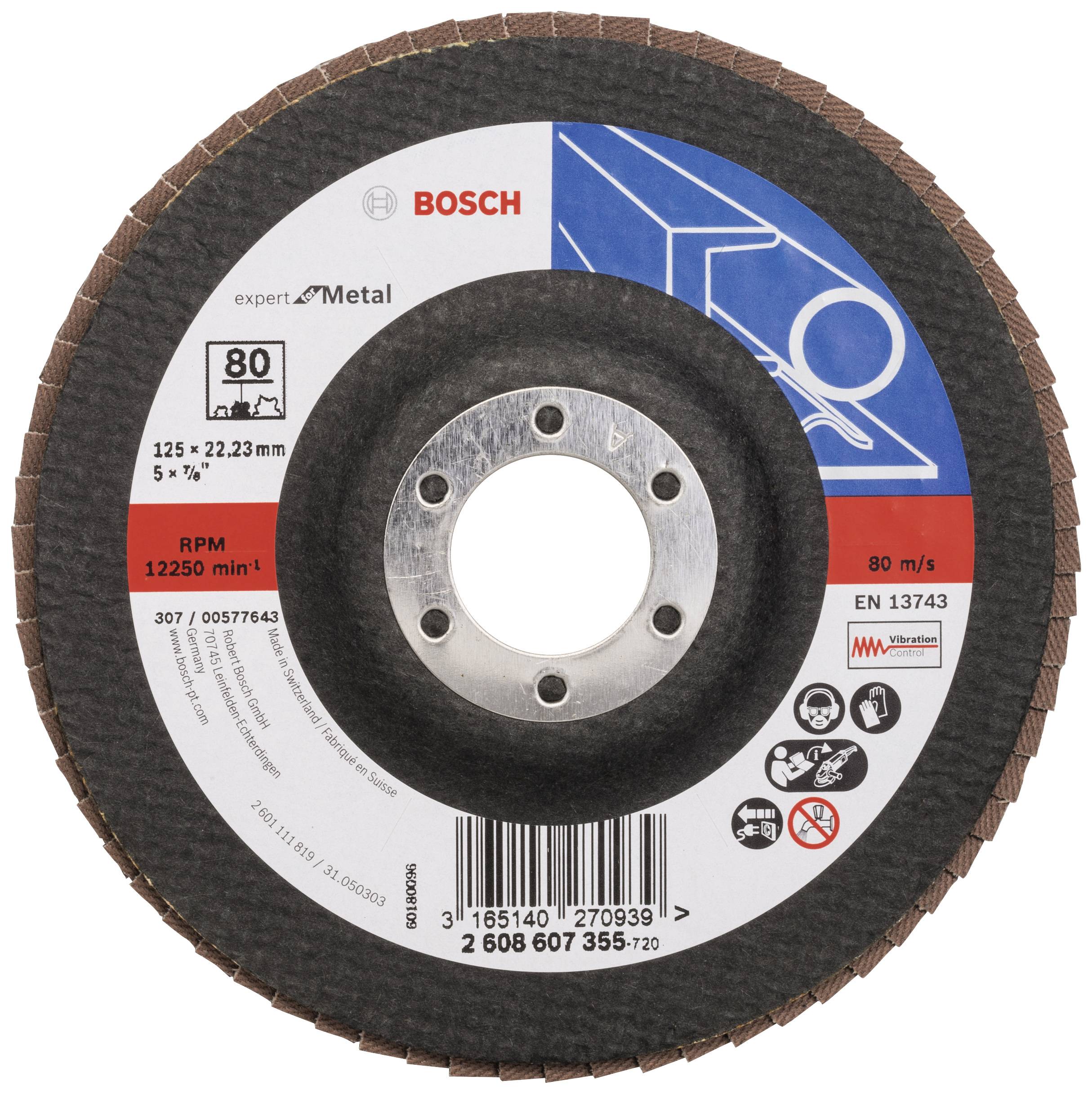 Disque à tronçonner Bosch pour métal, diamètre 125 mm, vitesse de rotation maximale de 12 250 tr/min, affichant des symboles d'avertissement de sécurité.