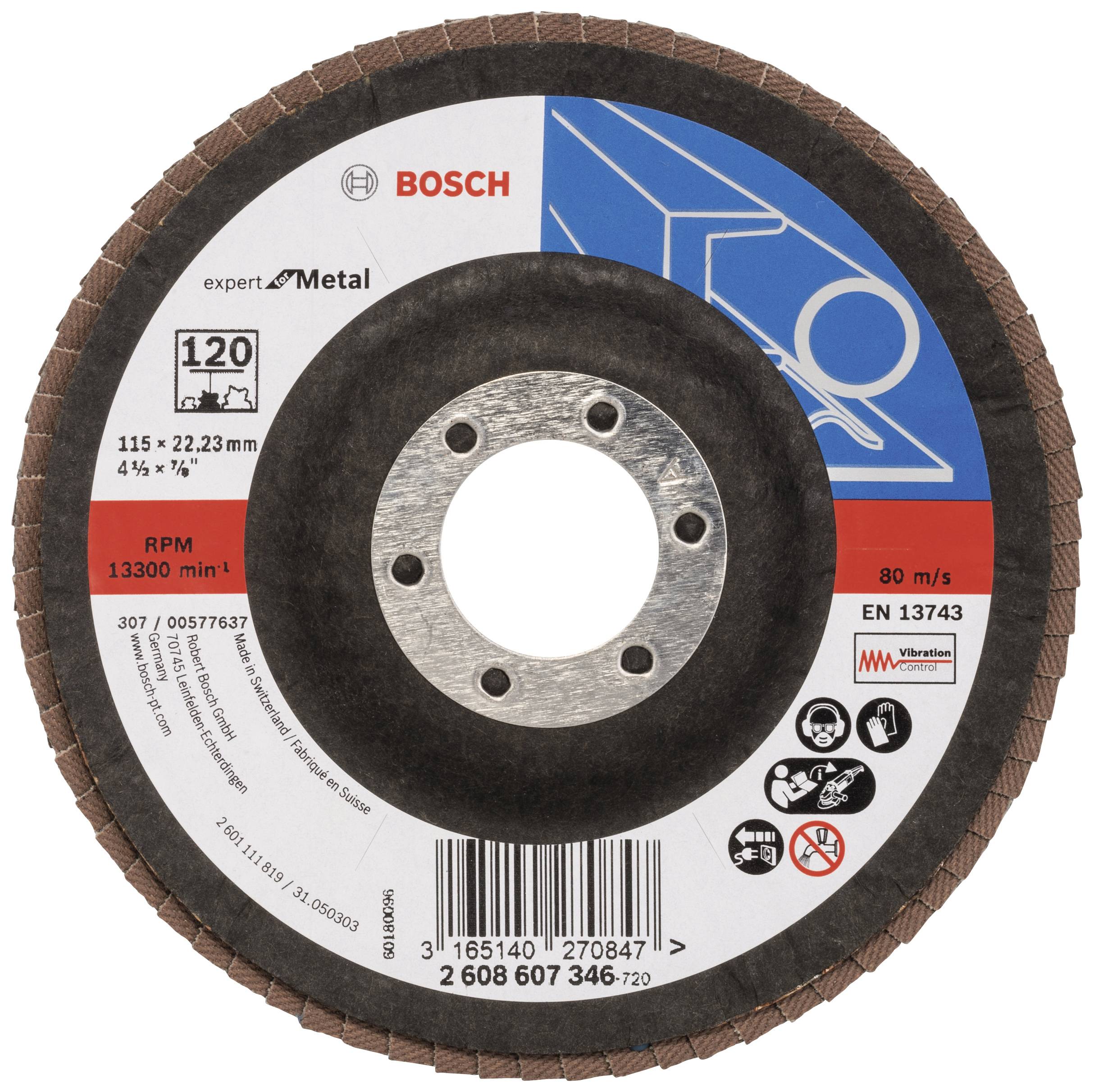 Disque à tronçonner Bosch pour métal, diamètre de 115 mm, alésage de 22,23 mm, vitesse maximale de 13300 tr/min, portant divers certificats de sécurité et de qualité.