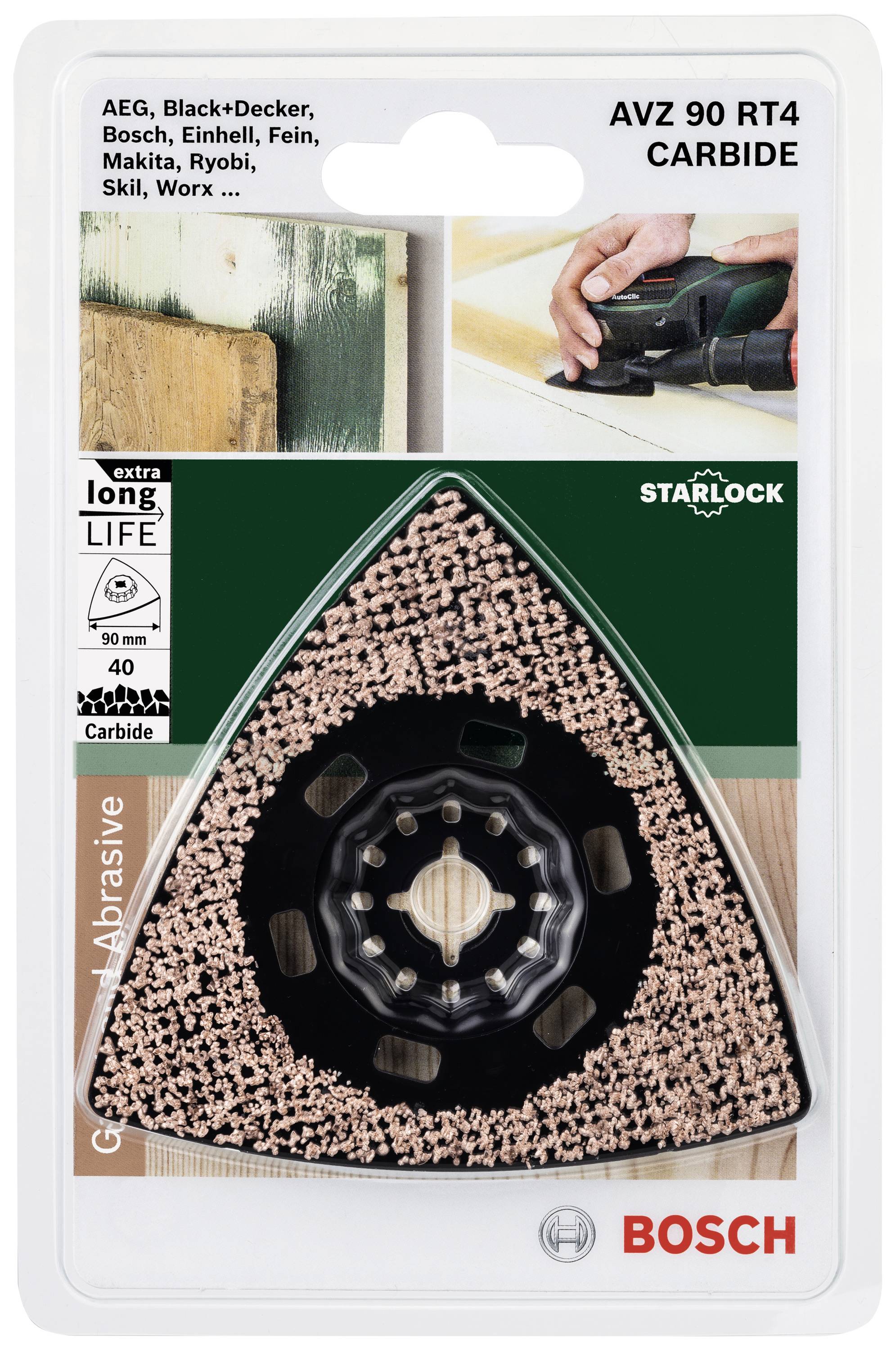Emballage d'un tampon de ponçage Bosch Starlock, modèle AVZ 90 RT4. Présente un disque abrasif à grain grossier, compatible avec différentes marques.