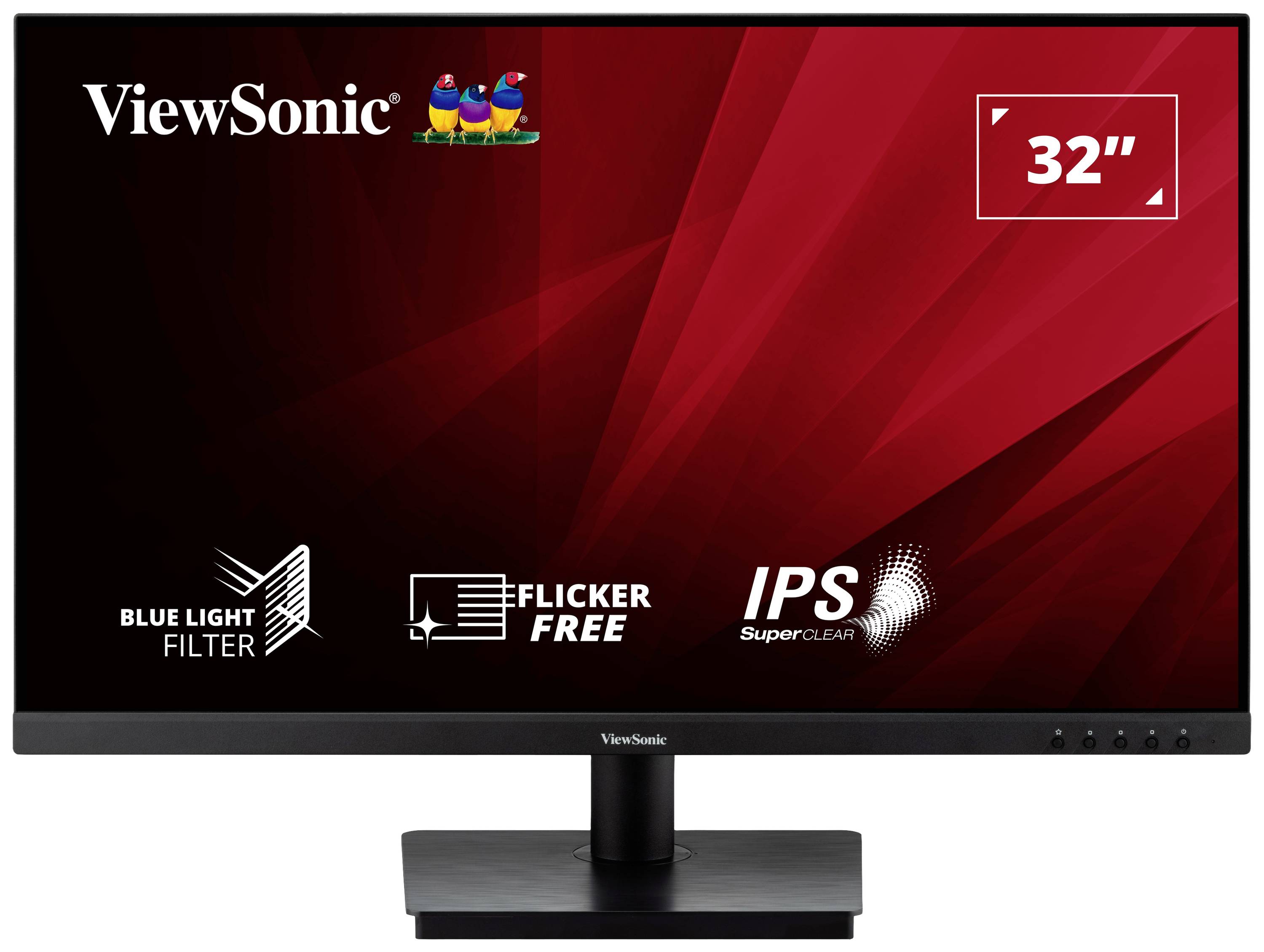 Un moniteur noir ViewSonic avec un écran de 32 pouces. Fonctionnalités : filtre anti-lumière bleue, sans scintillement, technologie IPS SuperClear.