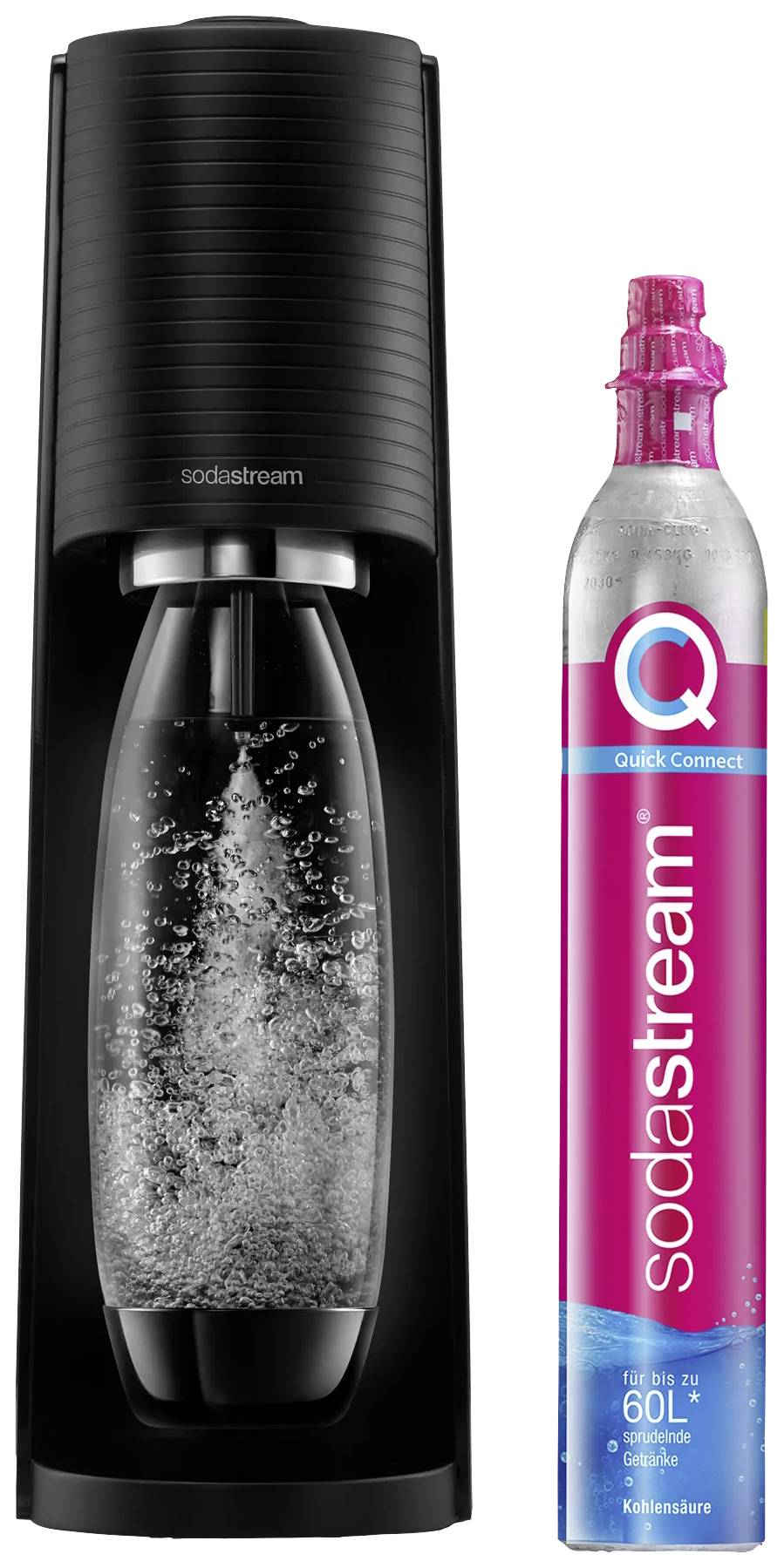 SodaStream machine à gazéifier et cylindre de CO2. La machine est noire, et le cylindre a un emballage rose et bleu pour 60L.