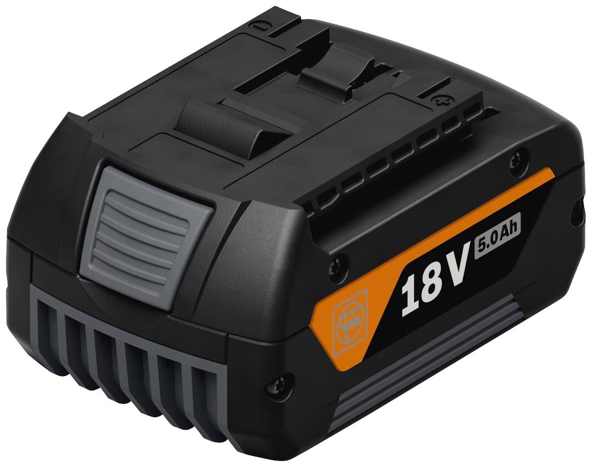 Batterie noire, rectangulaire 18V avec des détails gris et orange, capacité de 5,0 Ah ; adaptée aux outils électriques.