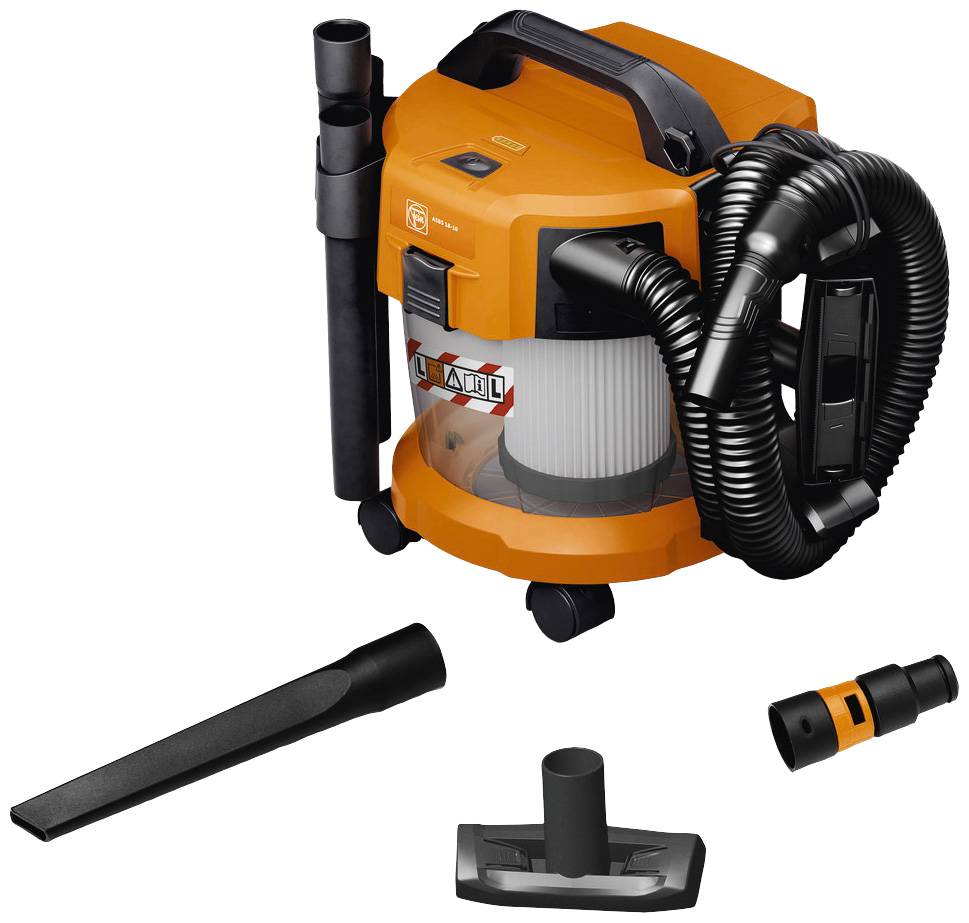 Un aspirateur eau et poussière orange avec accessoires : flexible, deux buses et un adaptateur. Idéal pour le nettoyage de différentes surfaces.