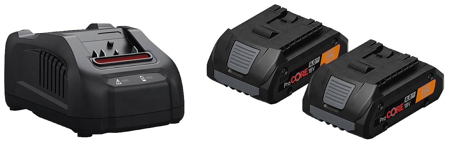 Chargeur pour outils électriques avec deux batteries. Les batteries sont noires avec l'inscription orange 'CORE18V'.