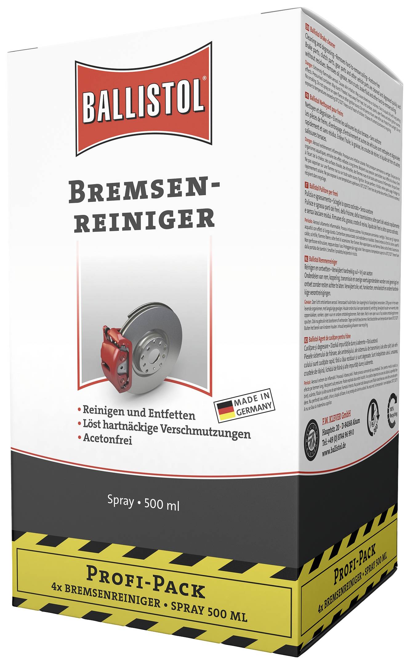 Emballage d'un nettoyant pour freins Ballistol. Spray de 500 ml, élimine la graisse et les salissures tenaces. Fabriqué en Allemagne.