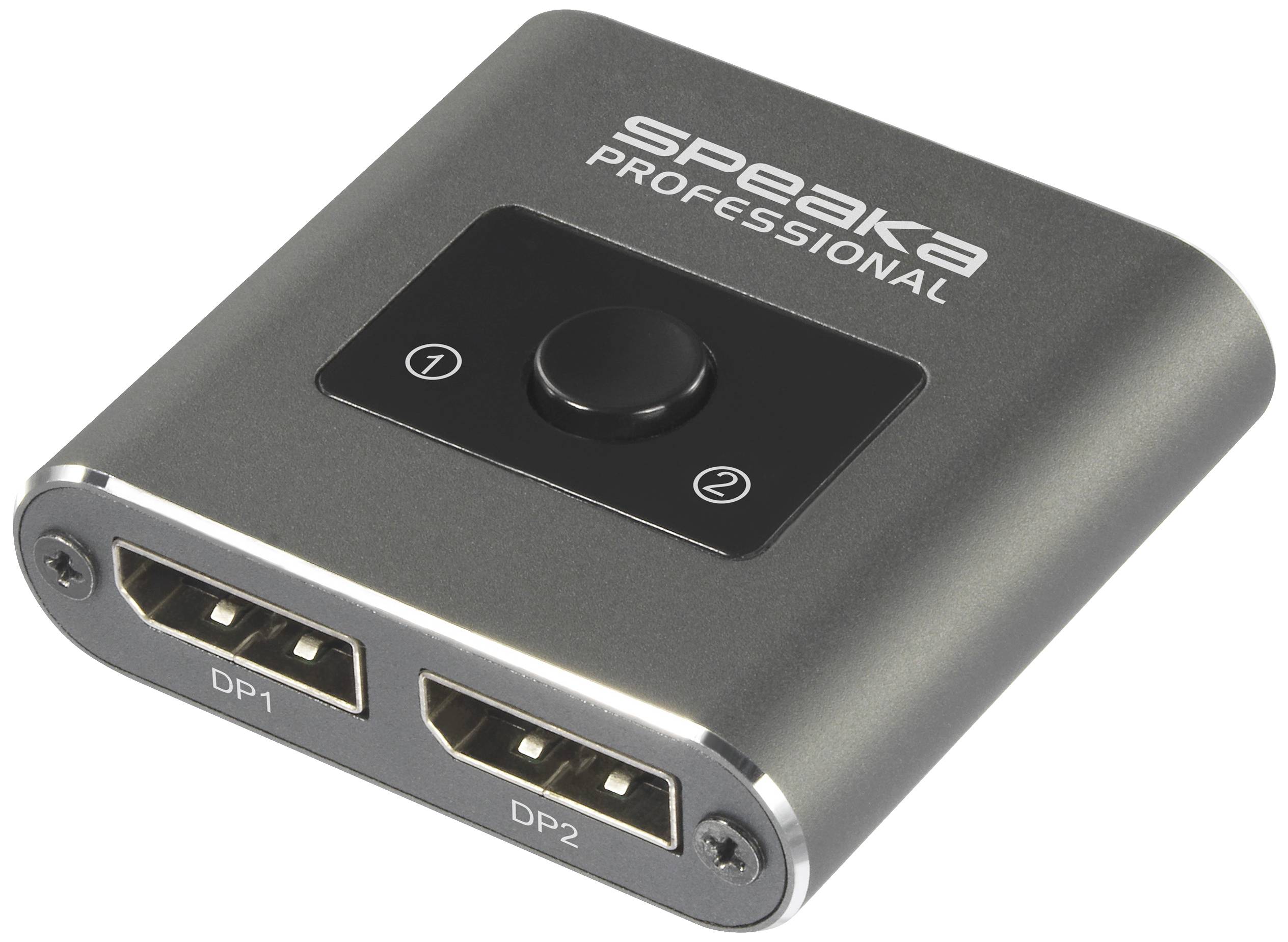 Un commutateur pour deux ports HDMI avec les étiquettes 'DP1' et 'DP2'. En haut, l'inscription 'speaka PROFESSIONAL'.