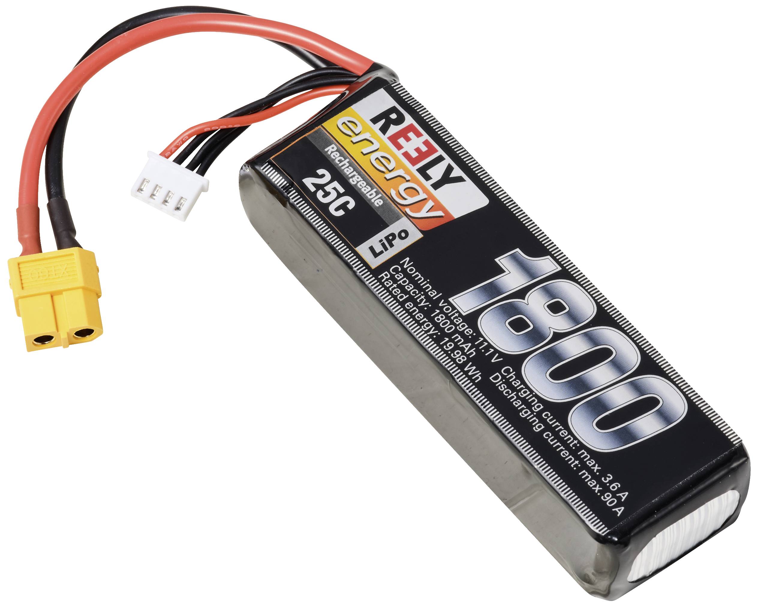 Une batterie LiPo rectangulaire de 1800 mAh avec un courant de décharge de 25C, équipée de deux câbles et d'une prise jaune.
