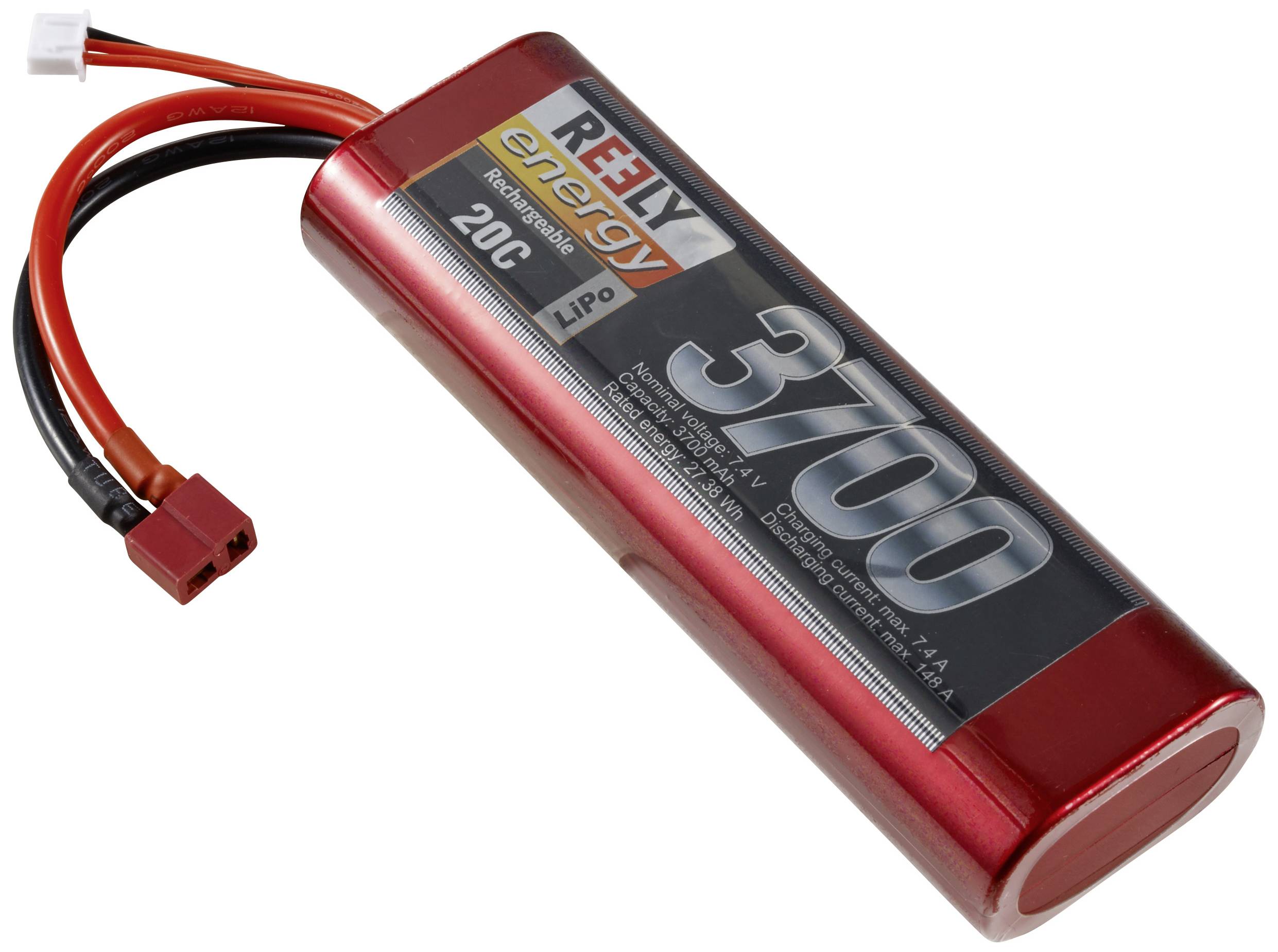 Batterie RC LiPo, rouge, 3700 mAh, 20C, avec plusieurs connexions de câbles. Adaptée pour la modélisation.