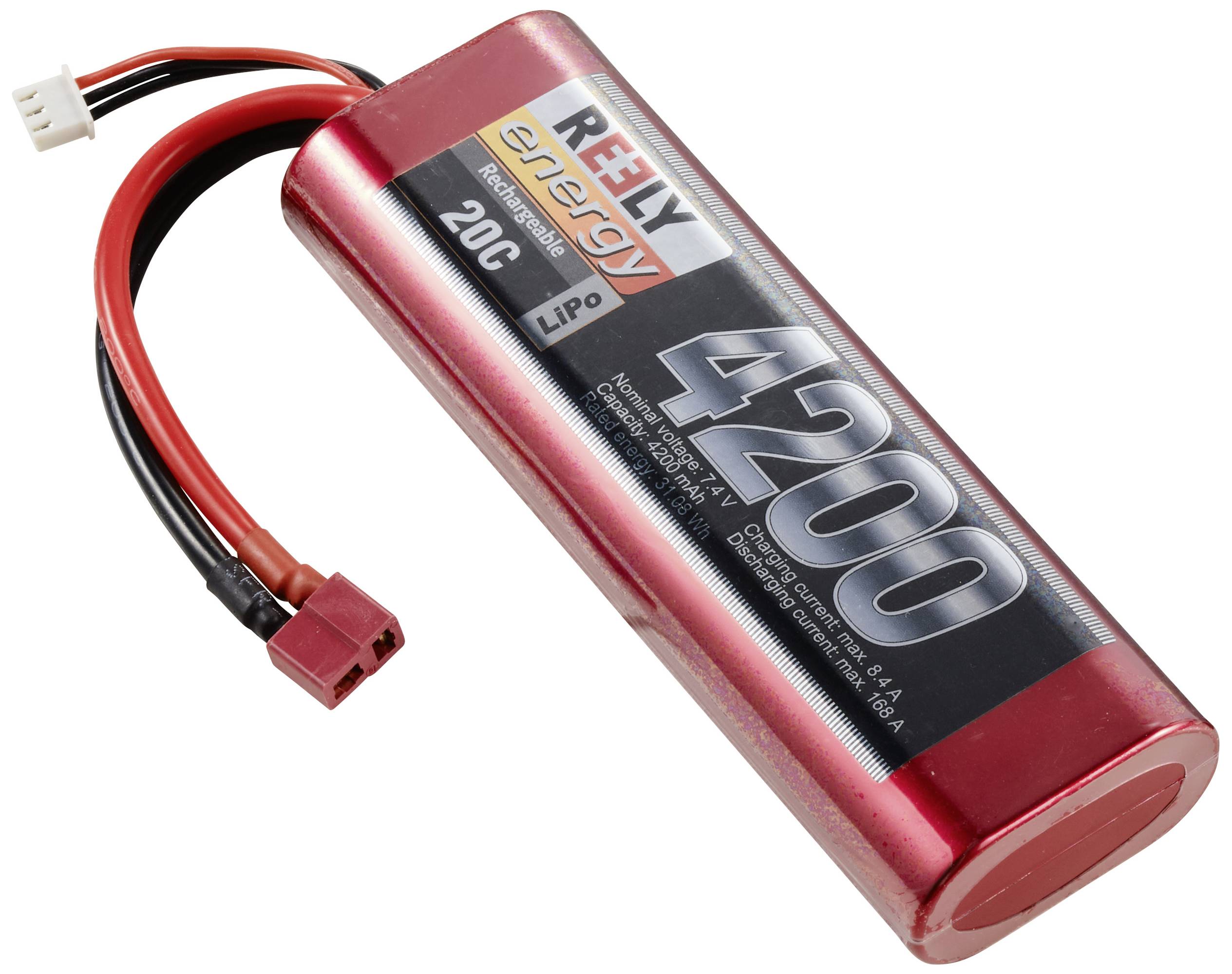 Pack de batterie avec boîtier rouge portant l'inscription 4200 mAh et 20C, équipé de deux câbles avec fiches. Adapté pour les modèles télécommandés.