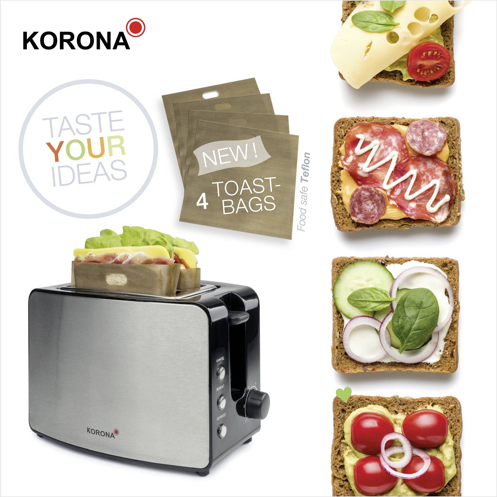 Grille-pain avec sacs à toast et toast garni. Trois tranches de pain garnies de fromage, de charcuterie et de légumes. Texte : 'Goûtez vos idées', 'Nouveau ! 4 Sacs à Toast'.