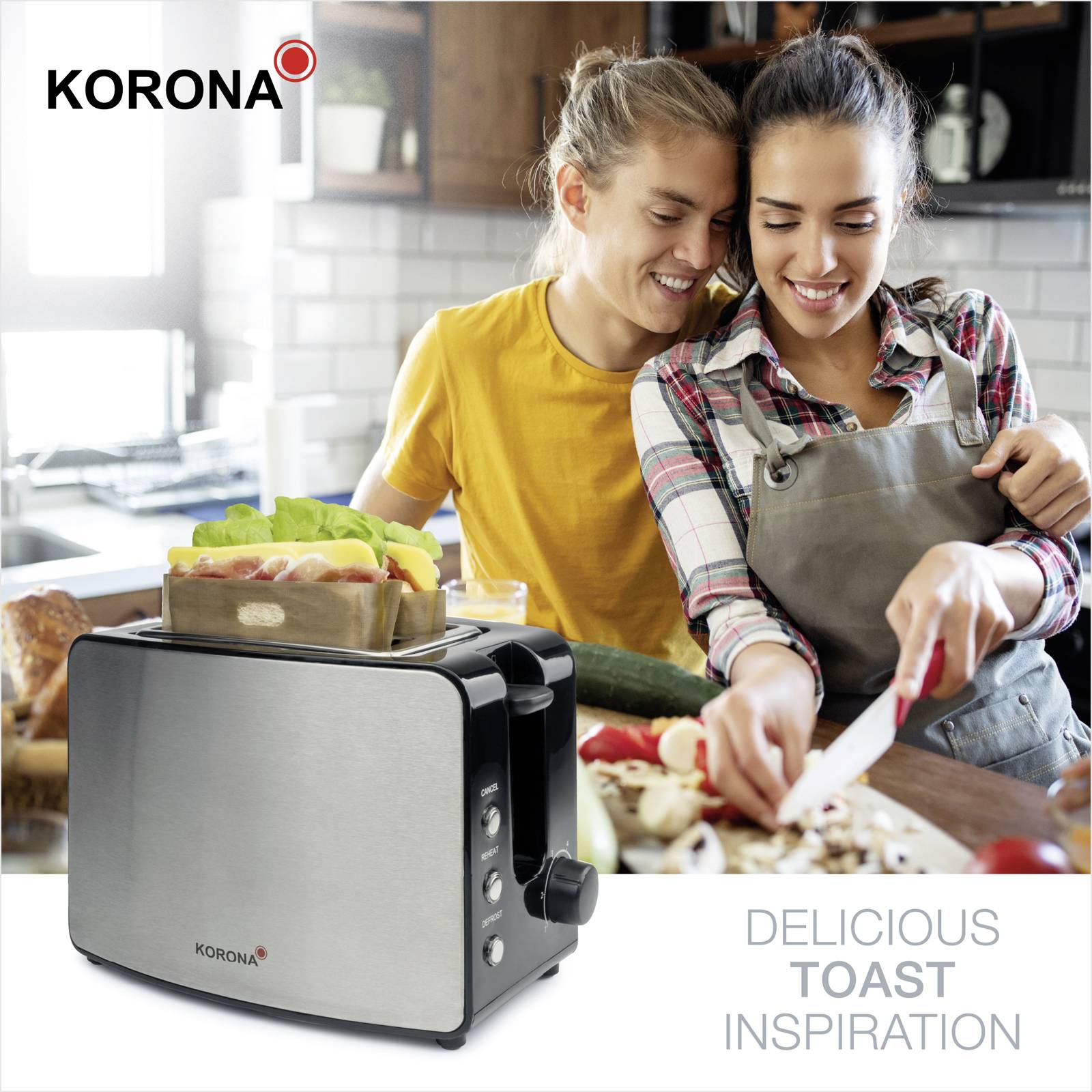 Un couple prépare un repas dans la cuisine, un grille-pain posé sur le plan de travail. En dessous, il est écrit « Inspiration Toast Délicieux ».
