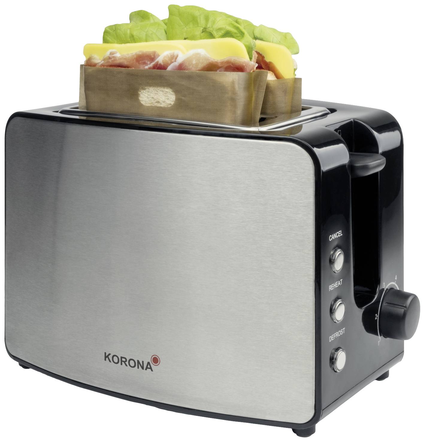 Grille-pain avec un sandwich dans un support à sandwich, accompagné de salade verte et de fromage, avec les boutons de commande visibles sur le côté.