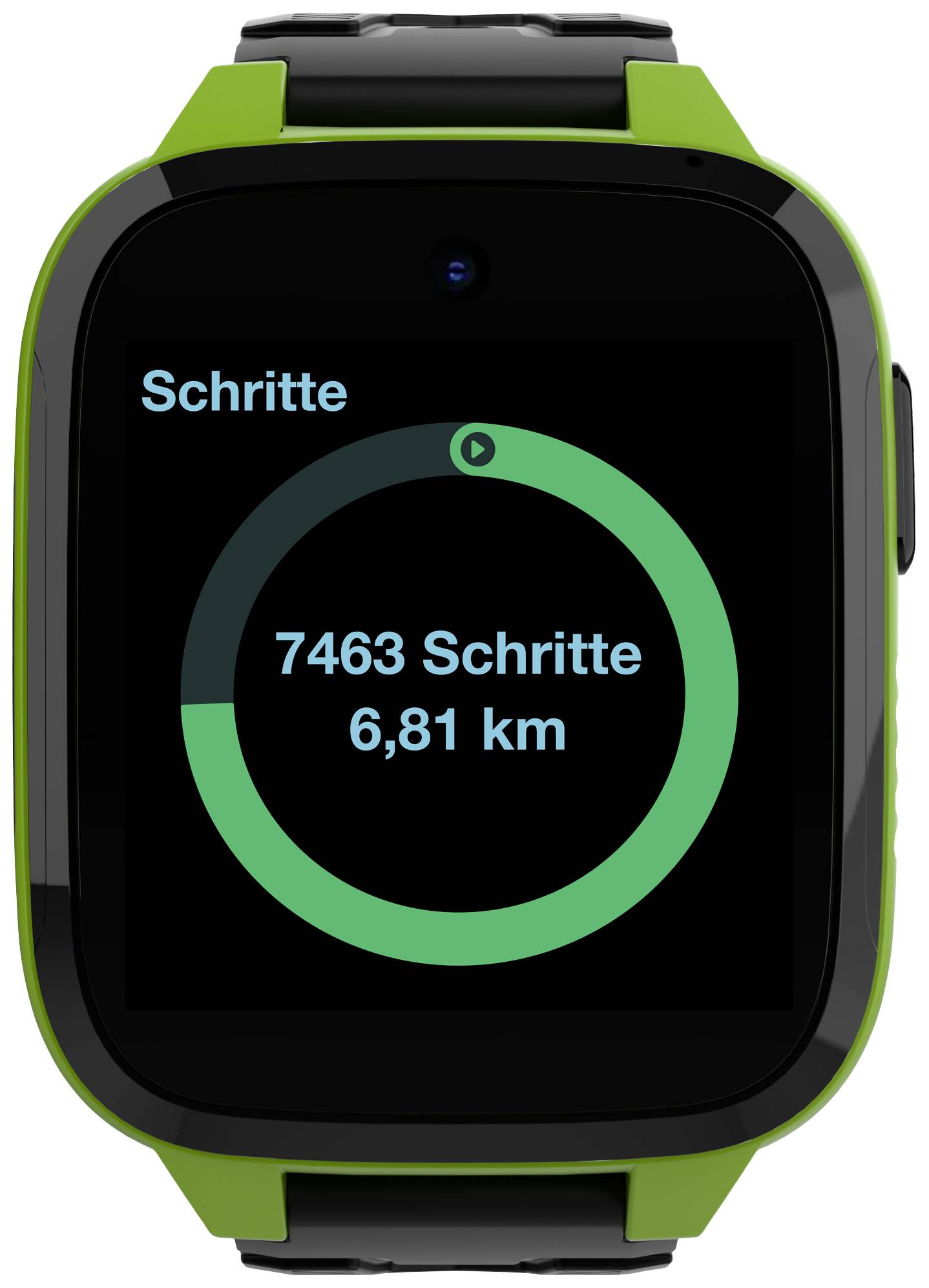 Montre connectée avec un diagramme circulaire d'activité. Affichage : '7463 pas, 6,81 km'. Les pas et la distance sont suivis.