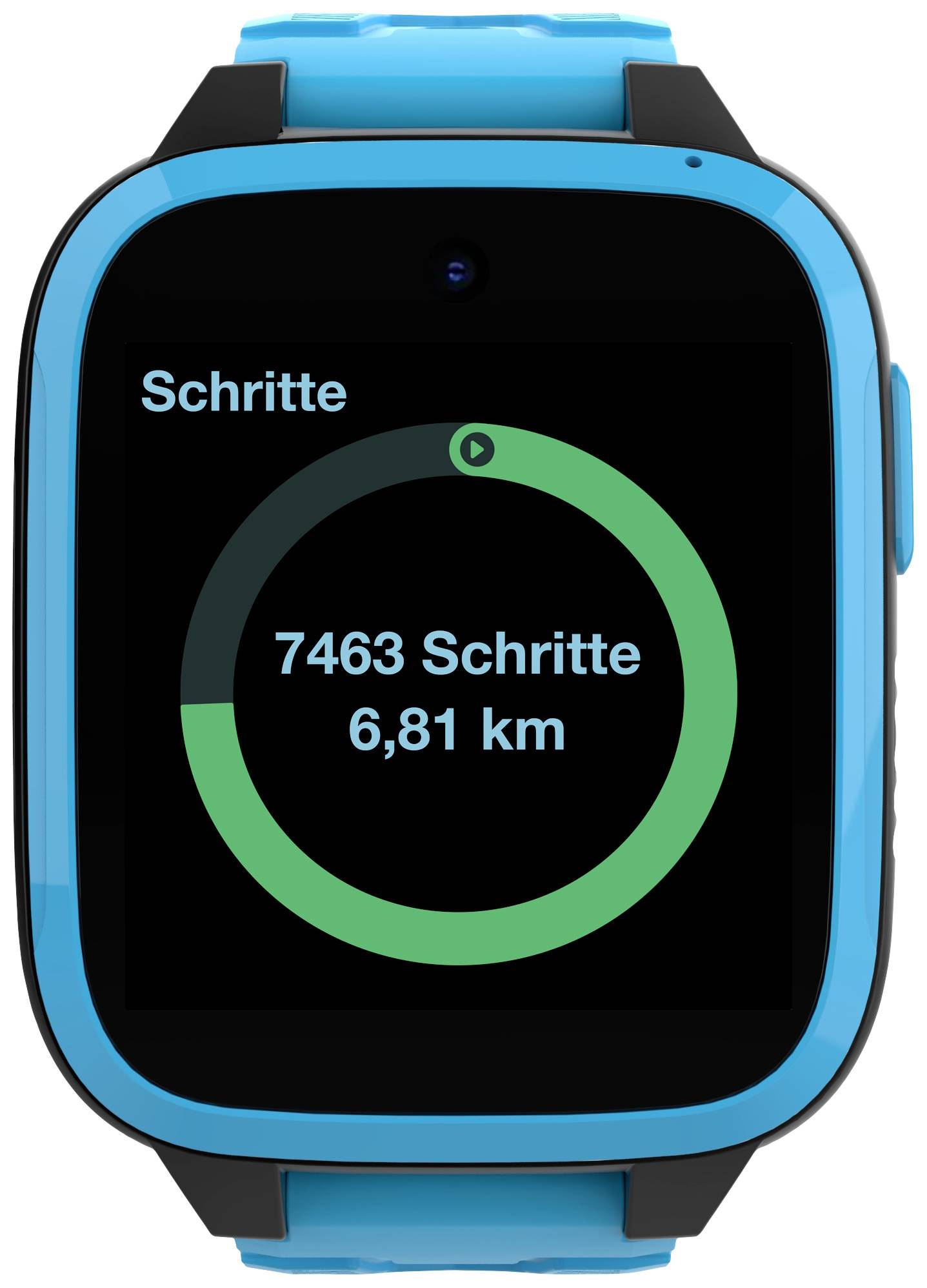 Tracker de fitness avec bracelet bleu affichant '7463 pas, 6,81 km' sur l'écran avec un graphique de progression.