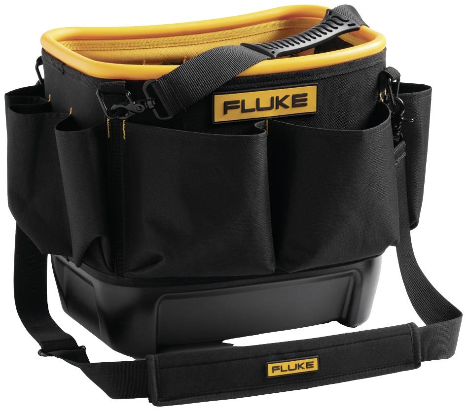 Sac à outils noir avec bordure jaune, comportant plusieurs compartiments et une bandoulière, portant l'inscription 'Fluke' sur le sac et la bandoulière.