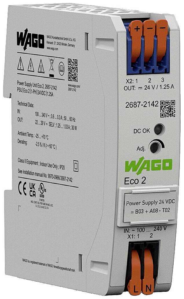 Module d'alimentation 'WAGO Eco 2', 24V DC, avec intensité de courant réglable, entrée 100-240V AC. Boîtier en tons de gris avec logo de marque.