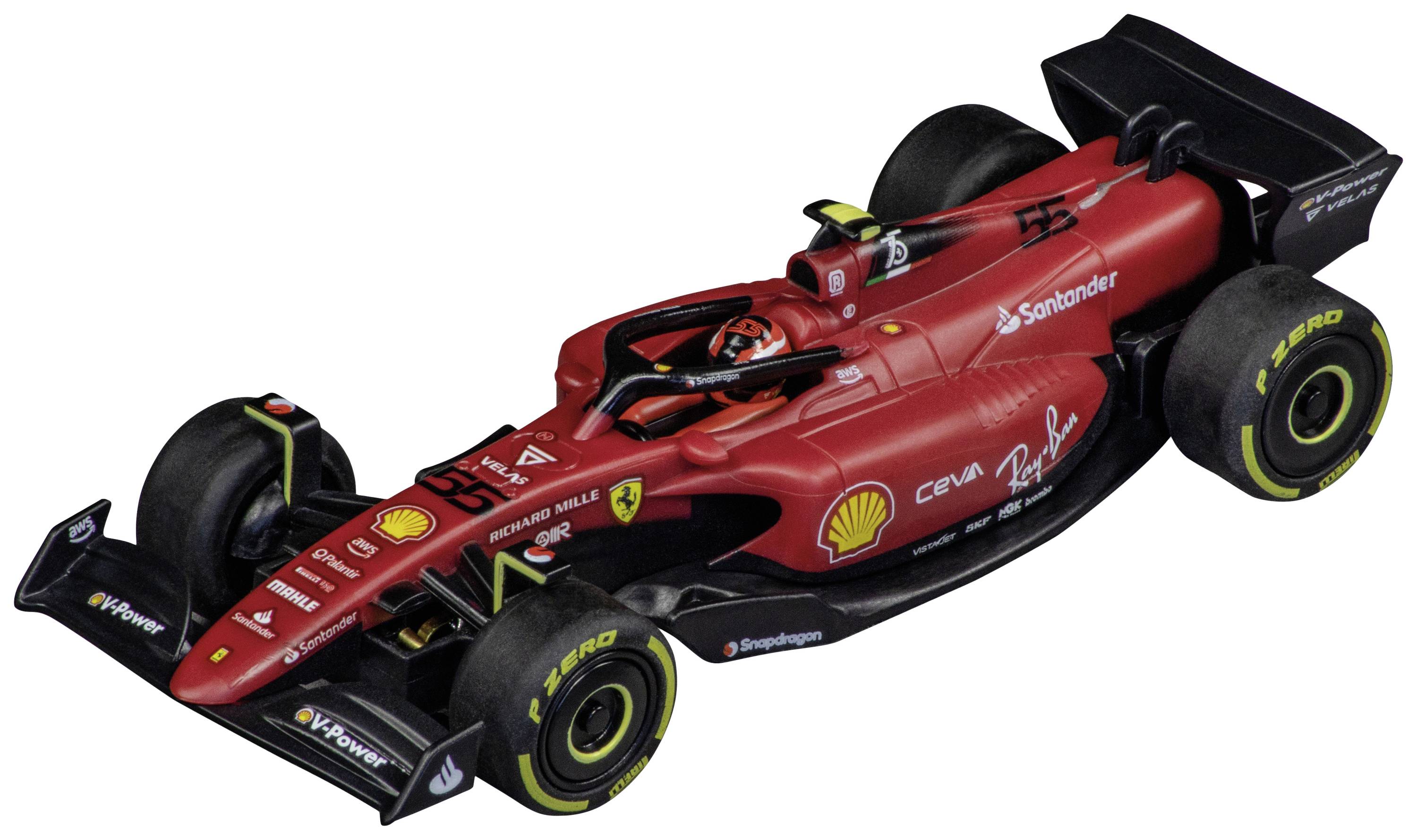 Une voiture de Formule 1 rouge avec le logo Ferrari et des autocollants de sponsors ; design aérodynamique, axé sur la vitesse.