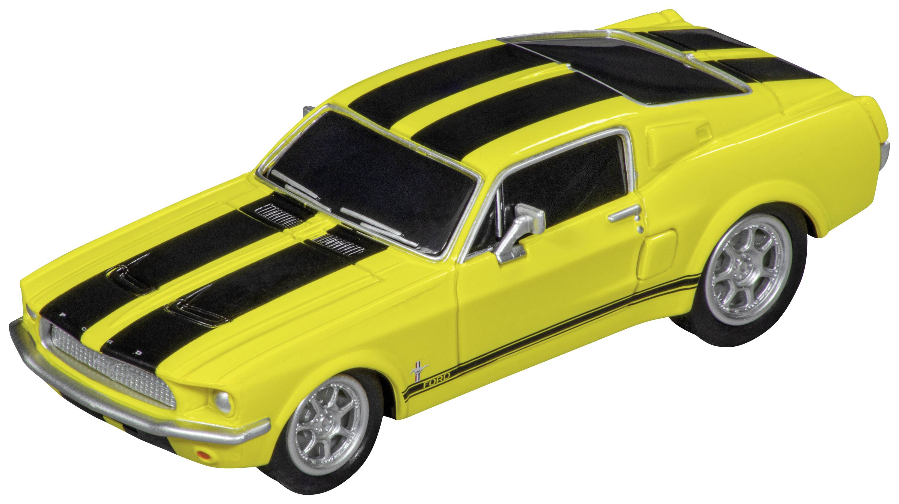 Voiture miniature jaune avec des bandes noires, ressemblant à une voiture de sport classique. Jantes argentées et carrosserie détaillée.