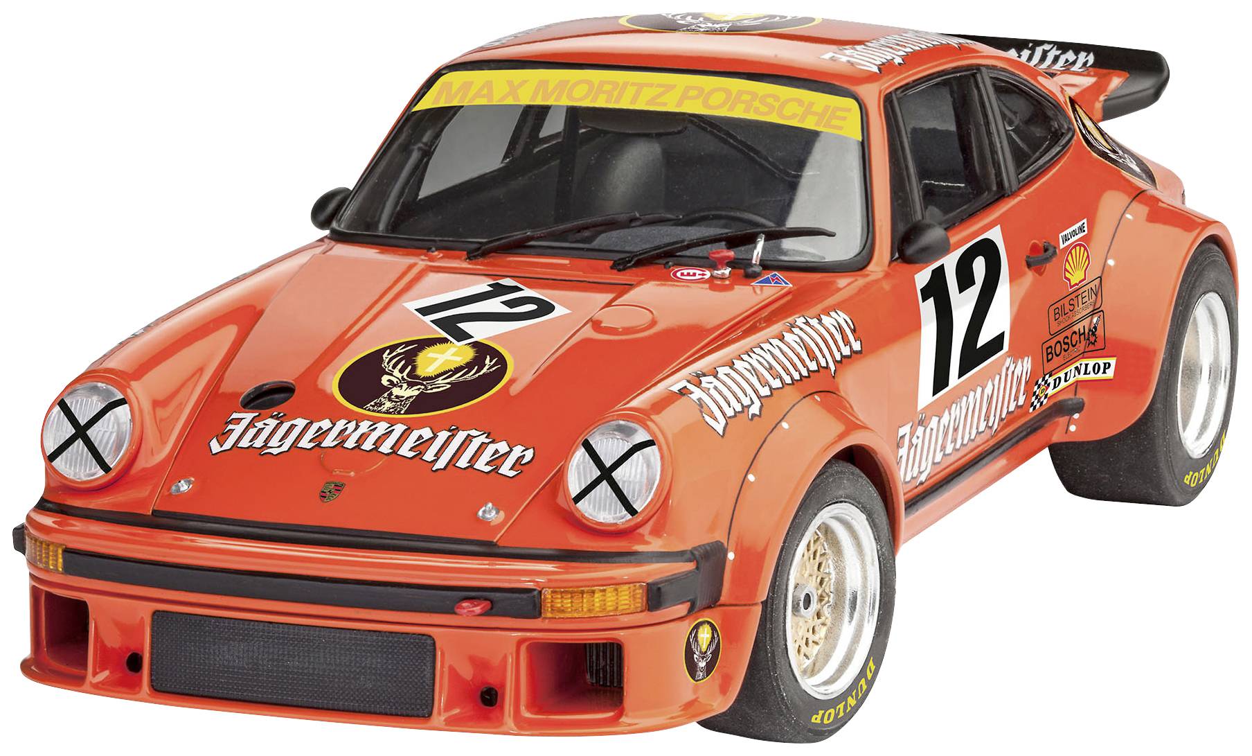 Voiture de course au design Jägermeister, peinte en orange avec le numéro de départ 12. Il s'agit d'une Porsche classique dans le style des sports mécaniques.