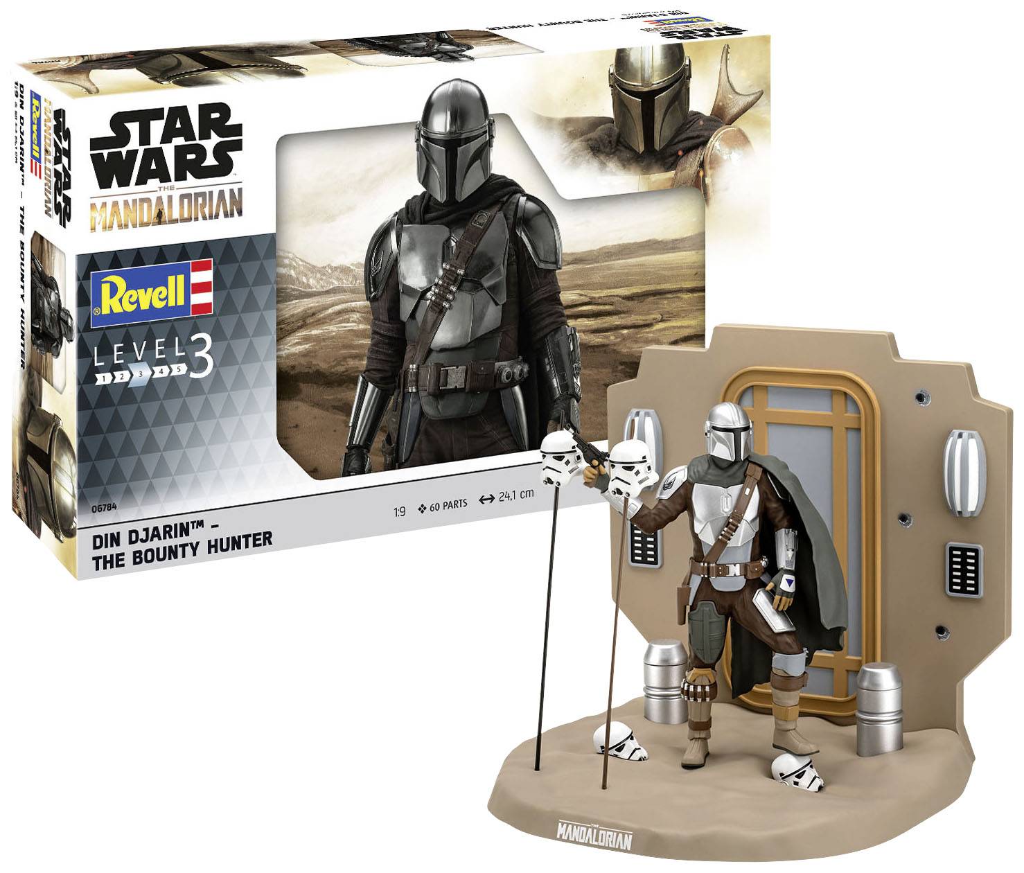 Un emballage de maquette Revell 'Star Wars' présente un Mandalorien avec une figurine miniature et un diorama en premier plan.