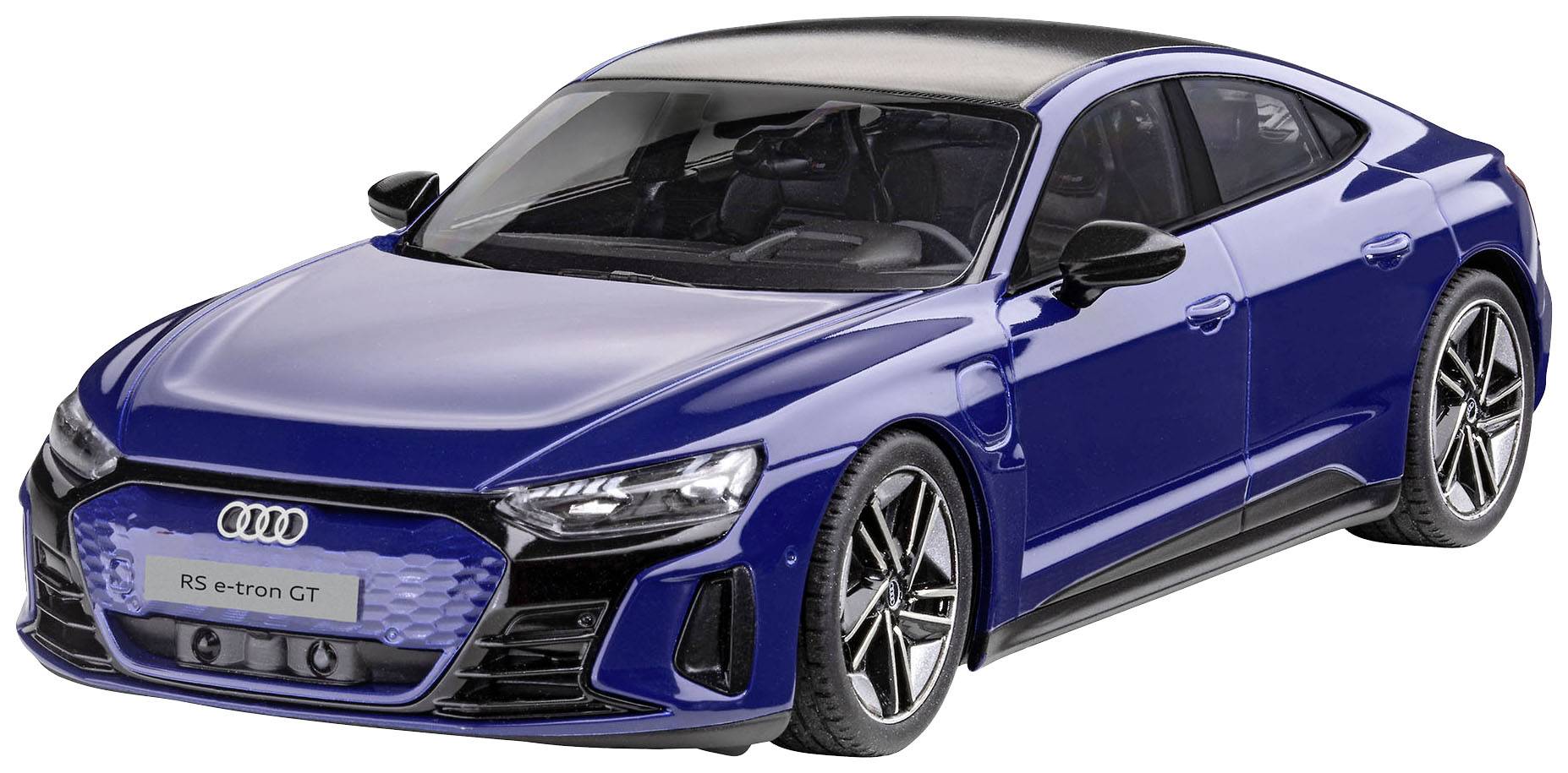 Voiture miniature Audi RS e-tron GT bleu, vue de trois-quarts avant. Design sportif, lignes élancées, jantes marquantes et apparence dynamique.