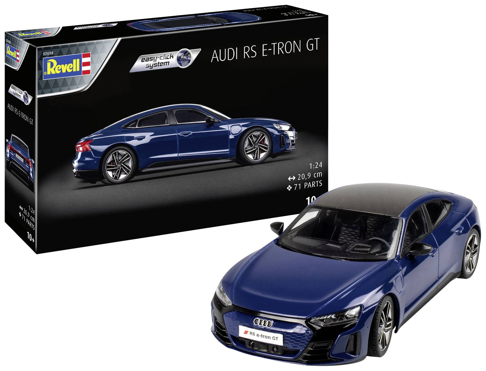 Maquette d'un Audi RS e-tron GT bleu à l'échelle 1:24 de Revell, comprenant 71 pièces, longueur 20,9 cm.