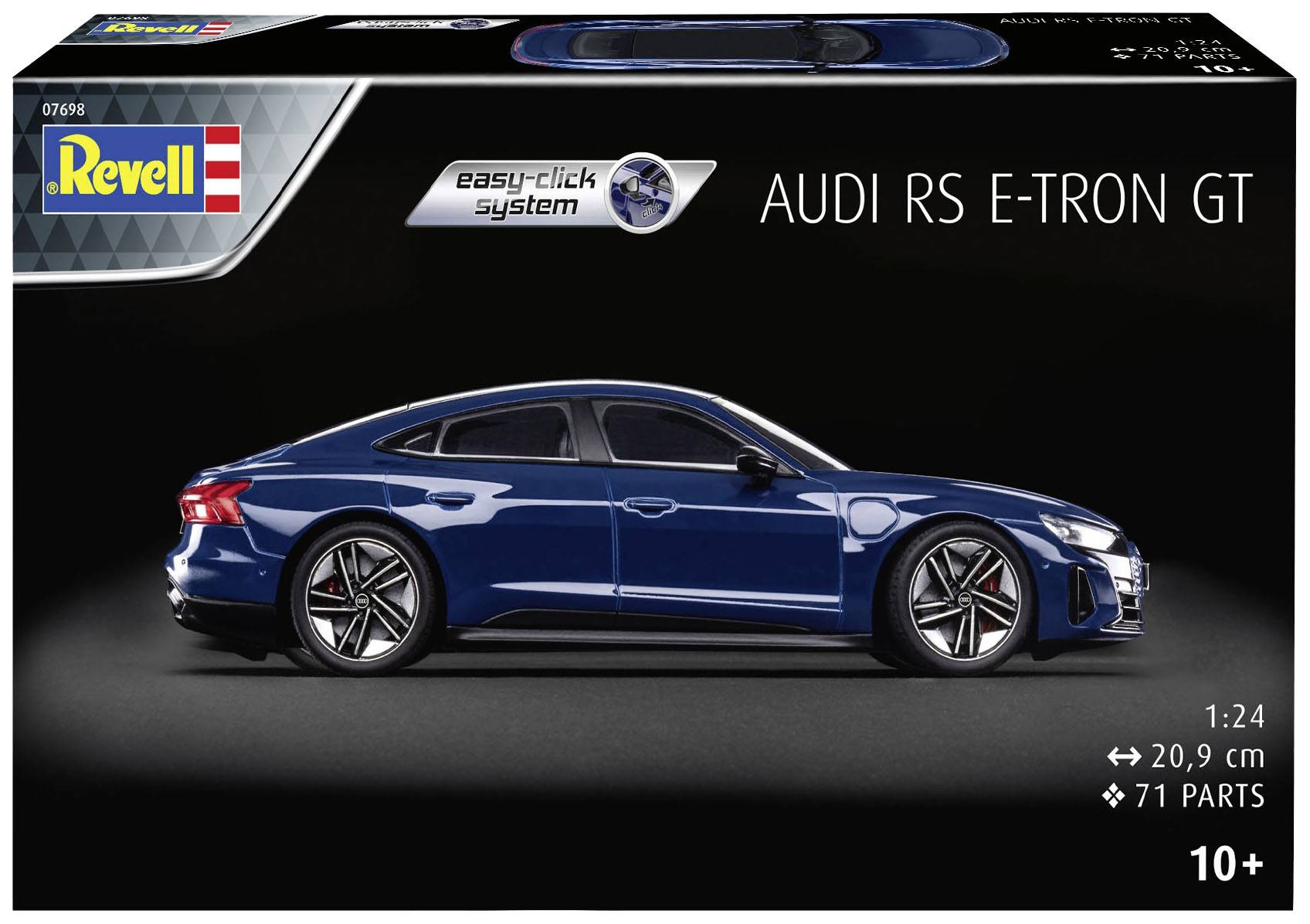 Kit de maquette Revell Audi RS E-Tron GT, échelle 1:24, longueur 20,9 cm, 71 pièces, adapté à partir de 10 ans. Une voiture miniature bleue est représentée.